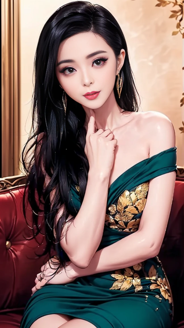 (One person), (masterpiece, Highest quality), (Gorgeous 25 year old Greek woman), (Long wavy black hair:1.6), (Athletic body build), (Exotic fair skin:1.4), (Shiny sweaty skin detail:1.6), (Green Eyes:1.4), (Serious expression), (Busty Breast Size:1.4), (she、She is wearing a green strapless bikini with flowing silk fabric and gold jewelry.。。:1.4), (Deep Valley), (Dynamic pose:1.4), (dim greek temple at night:1.6), Centered, (Waist up shot:1.4), from the front, Insane Details, Exquisite facial details, Exquisite handcrafted details, Cinematic Shots and Lighting, Realistic and vibrant colors, masterpiece, Sharp focus, Very detailed, Photographed with a digital SLR camera, Written boundary depth, Realistic environments and scenes, Master composition and photos