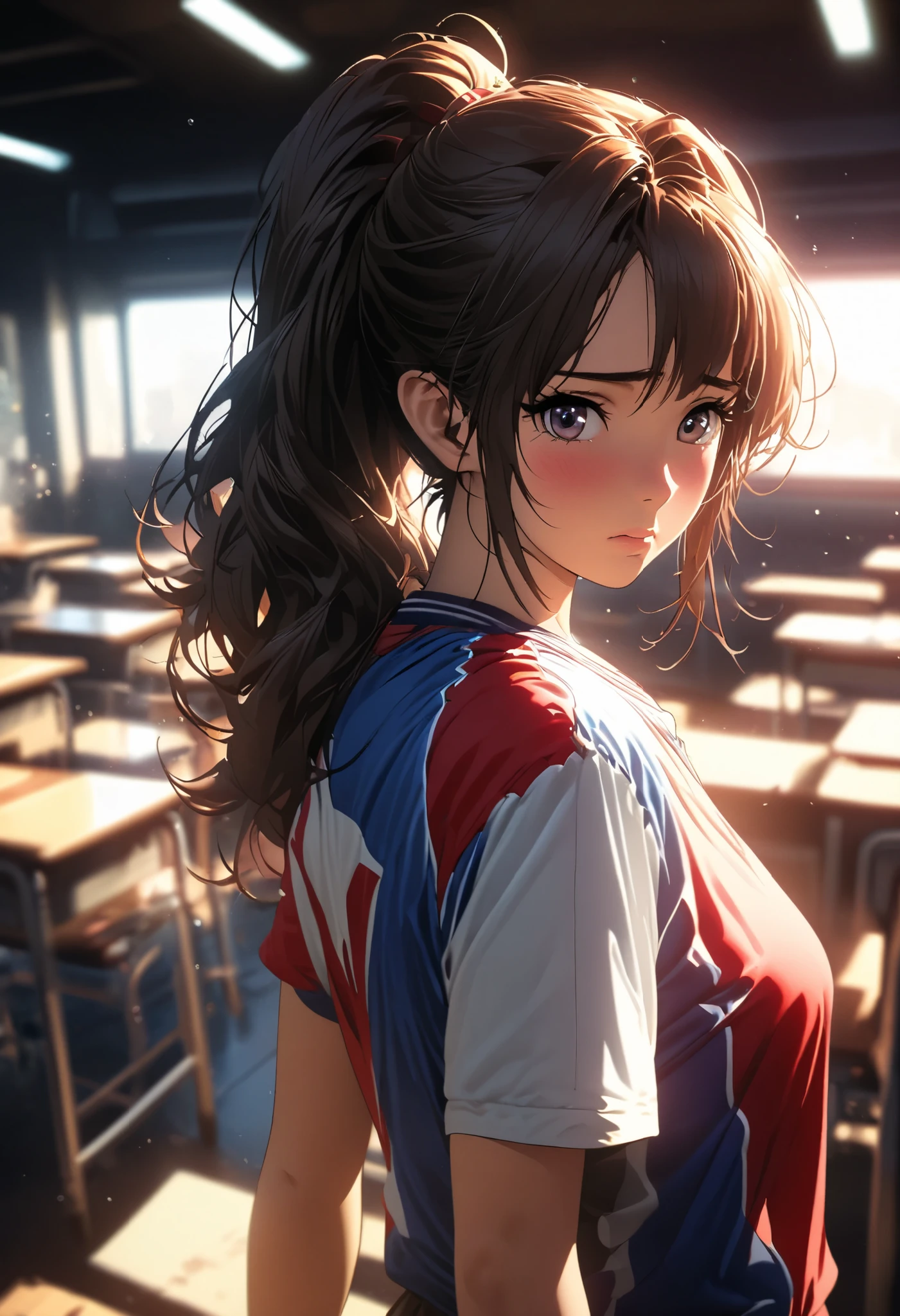 Comic city hunter style,19 year old beautiful girl,classroom,sportswear ,ponytail,Shy,close up,rich and colorful,Japanese cartoonist Tsukasa Hojo's style,depth of field,Overclocked renderer,movie lighting,Ultra-fine,super detailed,complicated,cinematic perspective,CG art,