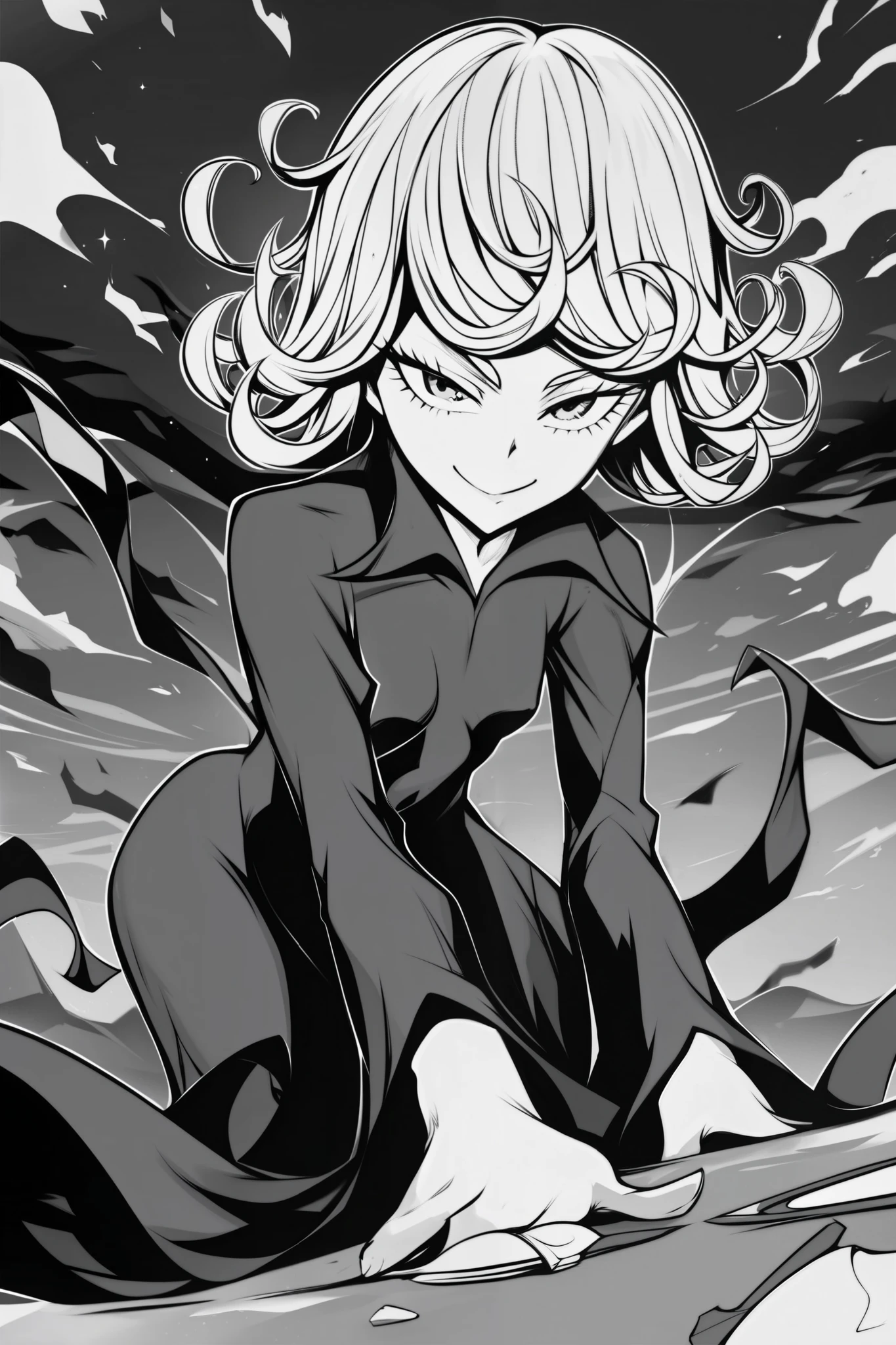 score_9, score_8_up, score_7_up, score_6_up, score_5_up, score_4_up,  
BREAK
monochrome, greyscale, (masterpiece: 2.0), best quality, perfect anatomy, perfect composition, perfection,
BREAK
masterpiece, best quality, tatsumaki from one punch man, black dress, smile, smug, cowboy shot, leaning forward, smile, looking at viewer, shiny skin,
