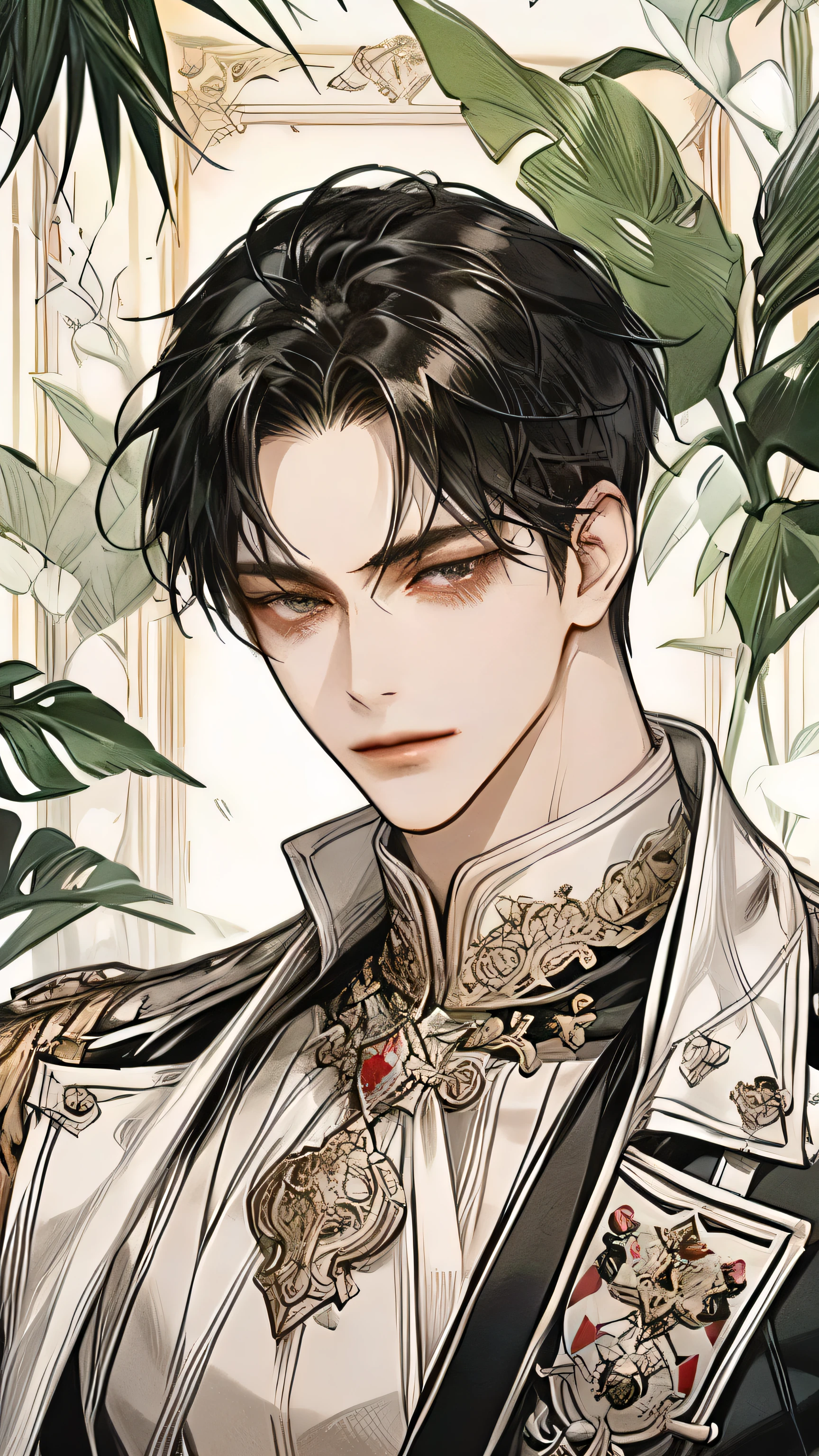 A strikingly handsome young man illustrated in the refined and detailed style of a manhwa. His impeccably balanced and elegant facial features are enhanced by his mesmerizing red eyes that seem to glow with intensity, and his sleek jet-black hair frames his face perfectly. His athletic build is flawlessly proportioned, exuding both strength and sophistication without exaggeration. He is dressed in a stylish, form-fitting military uniform adorned with intricate details such as sharp lapels, polished buttons, and ornate insignias that highlight his commanding yet charismatic aura. He wears a playful, seductive smile, his gaze locked directly with the viewer in a coquettish and captivating manner. The background subtly hints at a grand military setting, with soft, artistic touches that elevate the manhwa aesthetic."