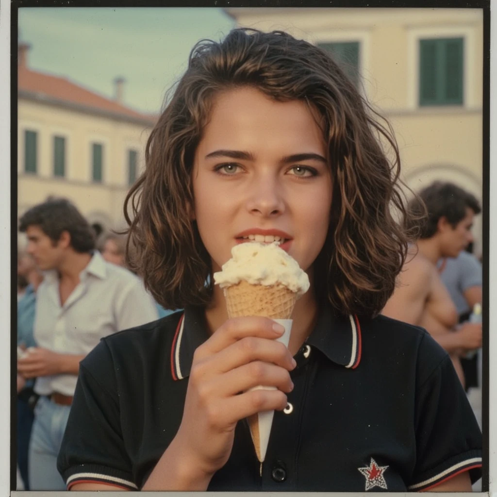 A polaroid photograph of a beautiful young Italian teenager, upturned nose, straight long hair, dressed in a black Polo-shirt and denim jeans is licking an icecream on a square in Dubrovnik, Croatia, in the early 1980s, photorealistic, 1girl, bokeh, high quality, detailed features, photo-realistic, realistic, 4k, 8k, highres, indirect gaze, Polaroid, cinematic photo, photo from a family album, beautiful hyperrealism hyperdetailed, dressed in clothes