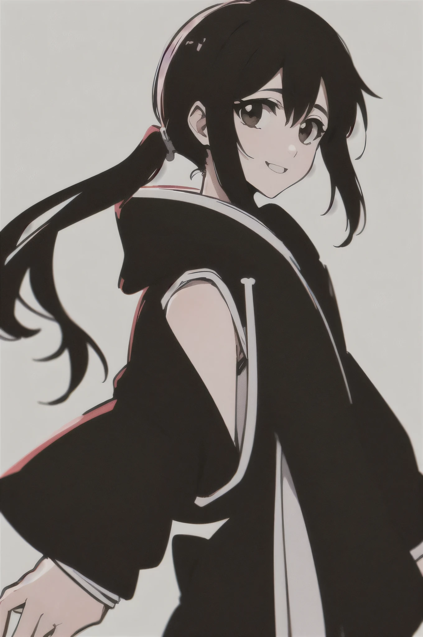 Masterpiece,  top quality,
 from the side 1 girl ,  romantic love,  black hair, single,  ponytail, Van Cover,  brown eyes,
 hair bang,
  kimono,  White Sleeveless Coat Black Kimono,Black Patterned Coat Lining ,
smile, Alone,  is looking,  simple background,  white background     