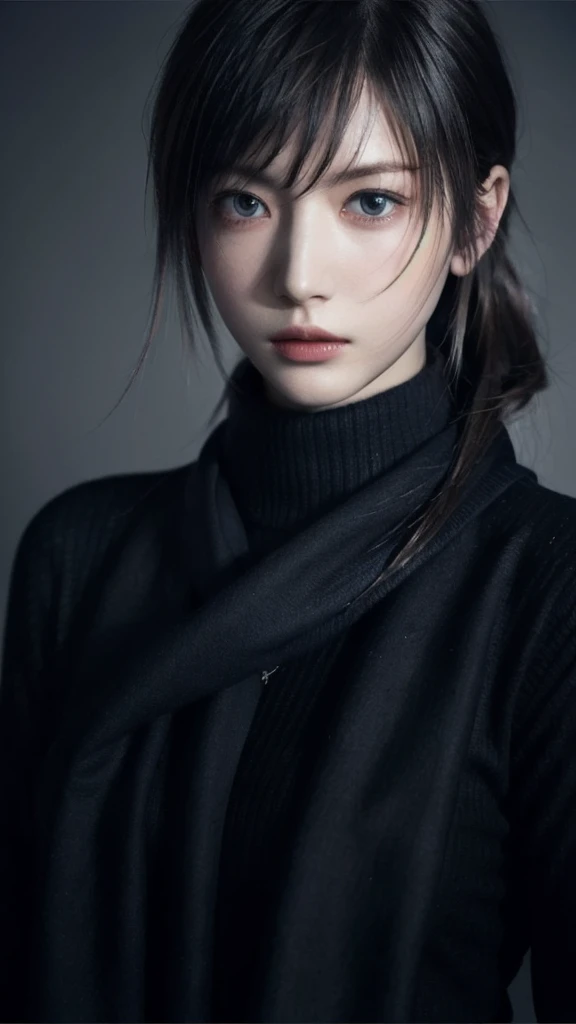 8k,  best quality , Masterpiece,  realistic,  more details, photo  realistic, quality improvement, 
 scarf wrapped in a dark and somber designer style,  in the style of a dark and listless designer, Large chunk, , Calm face,   jagged edges  , navy,  NATURAL BEAUTY ,  close-up shot of Aozora 
