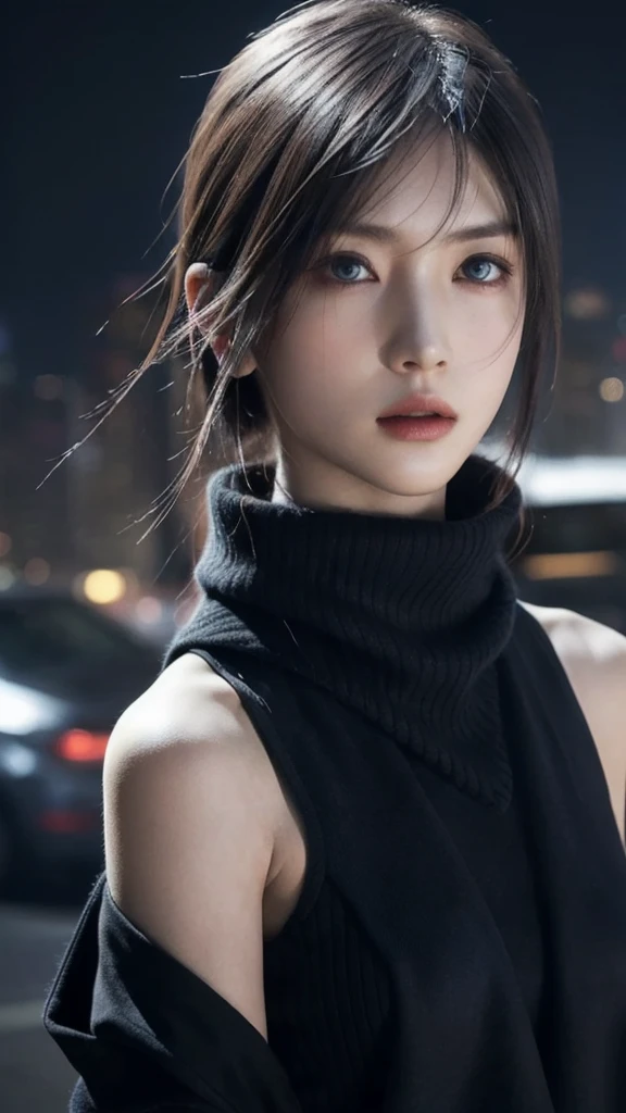 8k,  best quality , Masterpiece,  realistic,  more details, photo  realistic, quality improvement, 
 scarf wrapped in a dark and somber designer style,  in the style of a dark and listless designer, Large chunk, , Calm face,   jagged edges  , navy,  NATURAL BEAUTY ,  close-up shot of Aozora 
