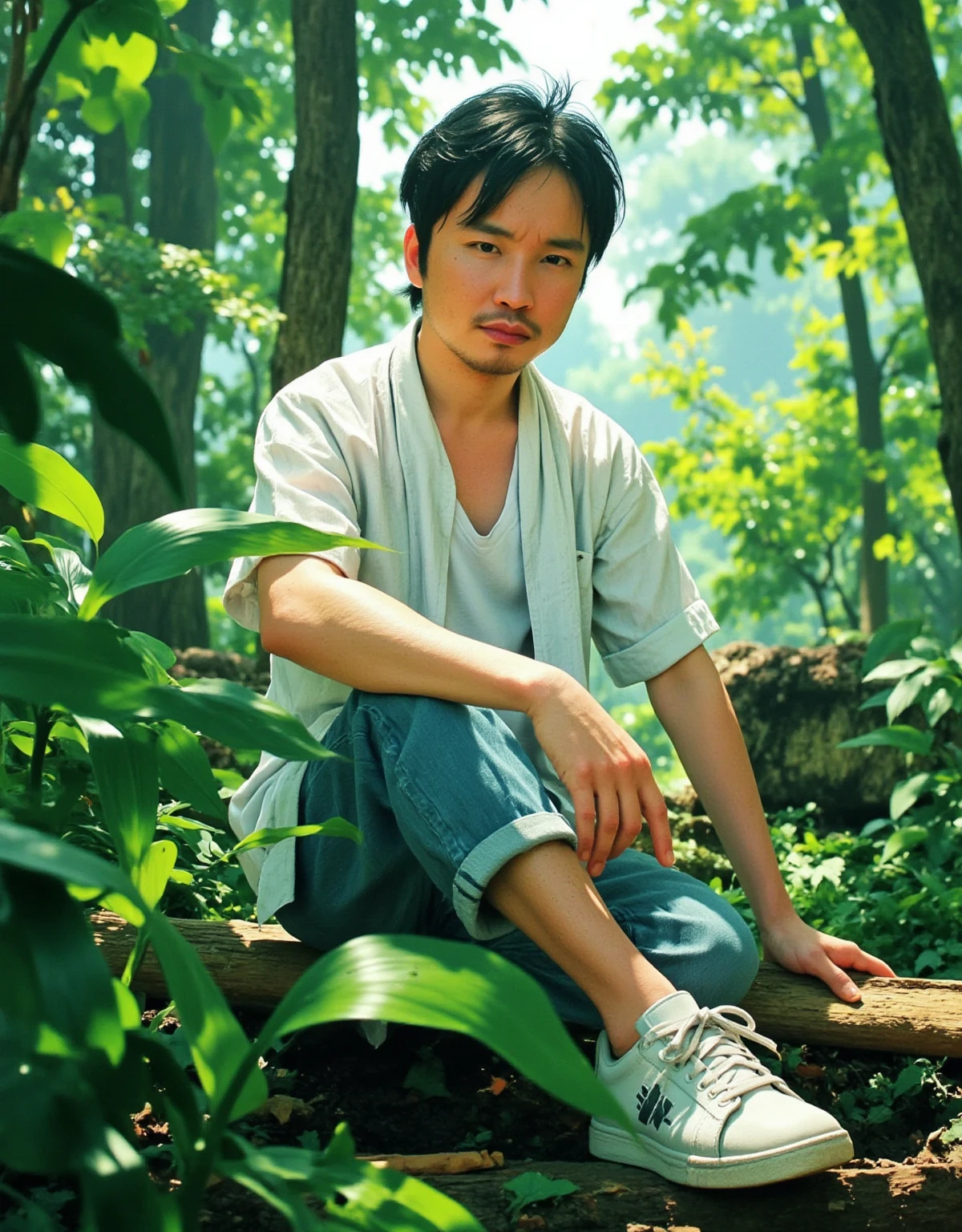 anime style, Male Model,  casual outfit , forest,  natural light,  kind expression,  hair swaying like the wind , Green background,  relaxed atmosphere , Outdoor Shot, Natural body