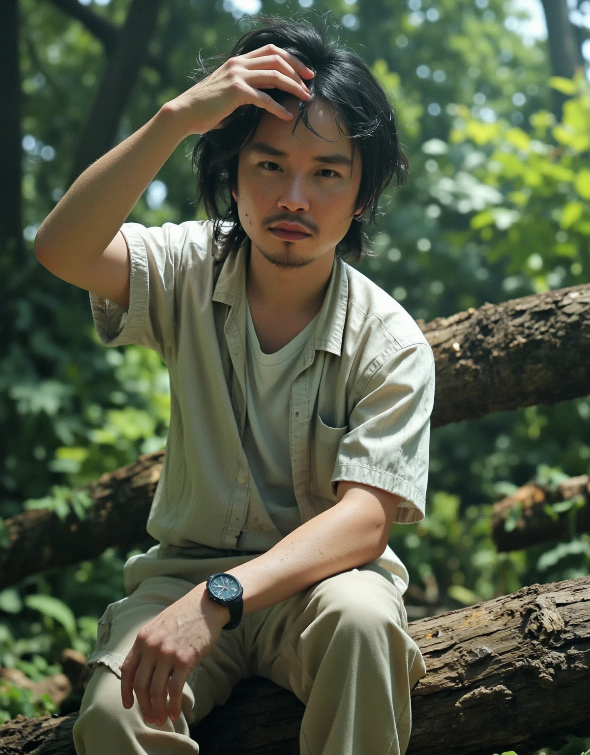 anime style, Male Model,  casual outfit , forest,  natural light,  kind expression,  hair swaying like the wind , Green background,  relaxed atmosphere , Outdoor Shot, Natural body