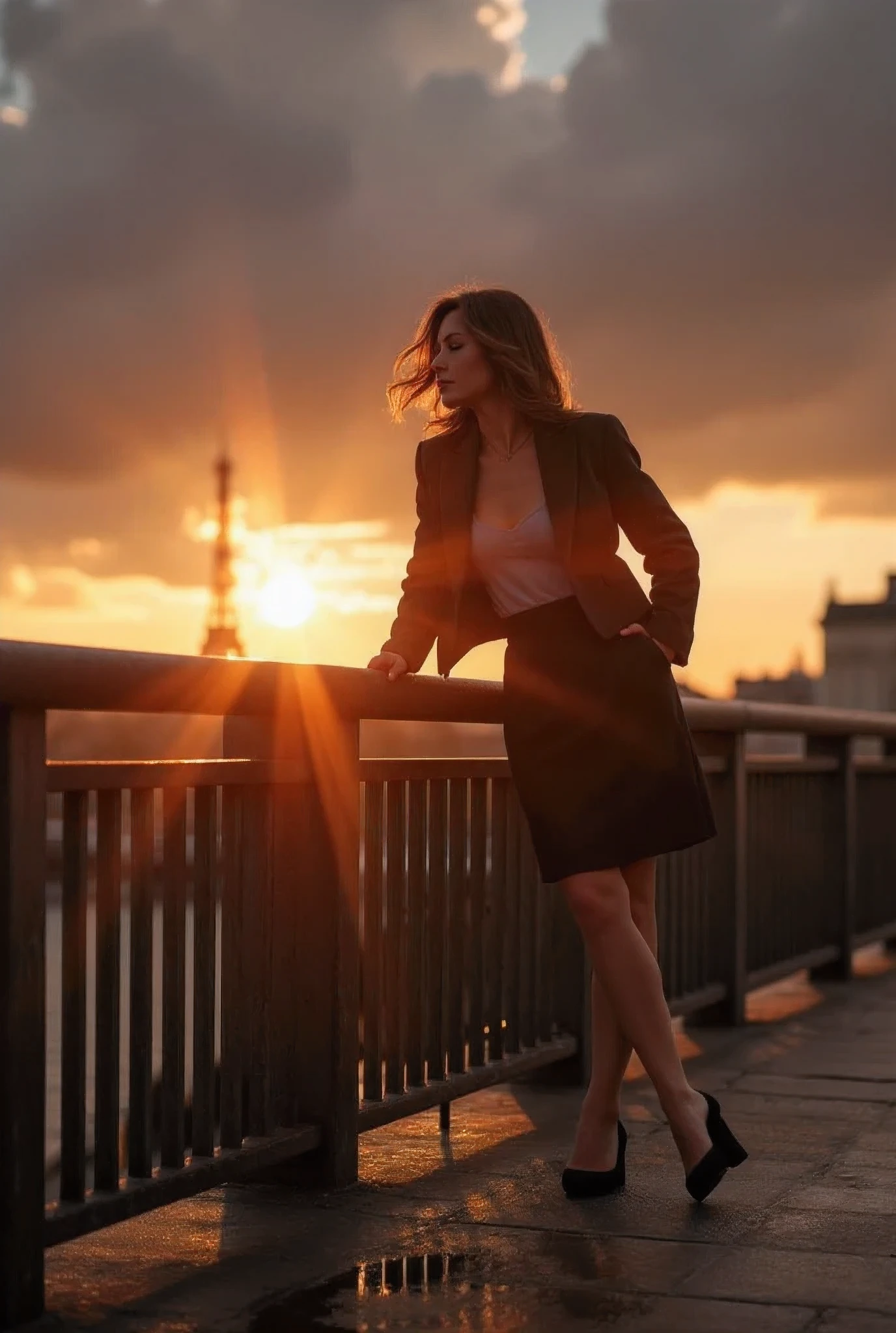 A photo of a sunrise in Paris immediately after an epic storm with the sun breaking through the ominous clouds casting warm rays of light on the city, on the bridge enjoying the cinematic morning scenery, a 37 years old elegant woman with flowing hair slightly messed up by the breeze, reflection in the puddles. uhd