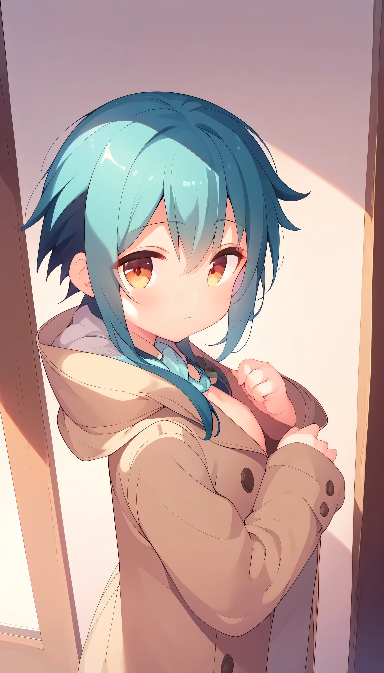 best quality 、 HD、8k、 from the side 1 girl 、Indigo Hair、 little chest、 Brown Trench Coat 、 naked under the court、First-person view、 in the room