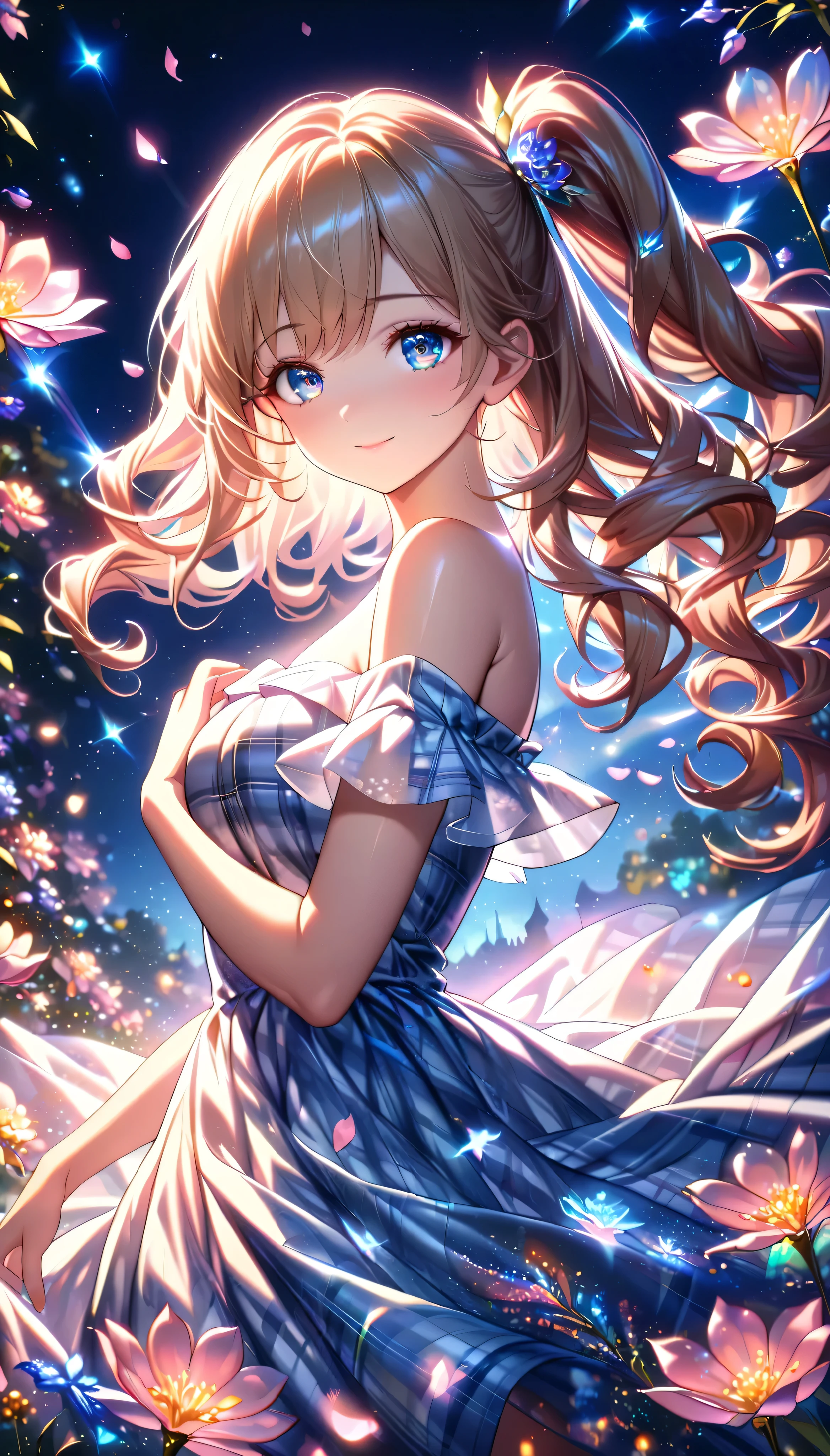 Cute single girl, Curly Hair, SIDE PONYTAIL , Plaid Off-the-Shoulder Dress, hyper detailed beautiful eyes, cowboy shot, Fluffy, ((Particles of light)), shallow depth of field, ( Lots of Fluttering Petals ), (((Fantasically Glowing Flowers ))), ((Superbly detailed, exquisite quality, absolutely resolution)),