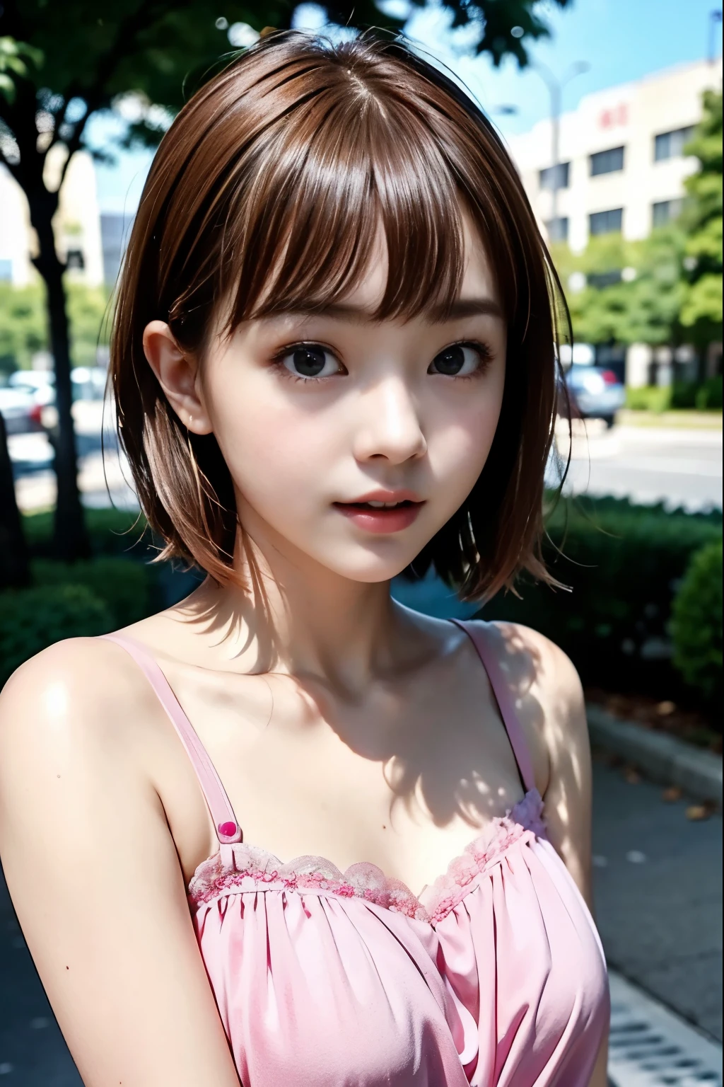 （Chestnut Hair、 short cut hair）、Deep, bright eyes 、（ pink dress）、 white skin so you can fall out 、 an impeccable young lady no matter where you look at it、・・・２２Year-old female college student、