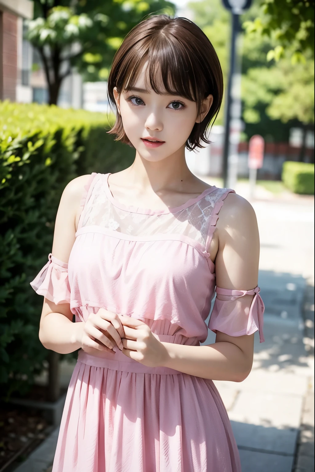 （Chestnut Hair、 short cut hair）、Deep, bright eyes 、（ pink dress）、 white skin so you can fall out 、 an impeccable young lady no matter where you look at it、・・・２２Year-old female college student、