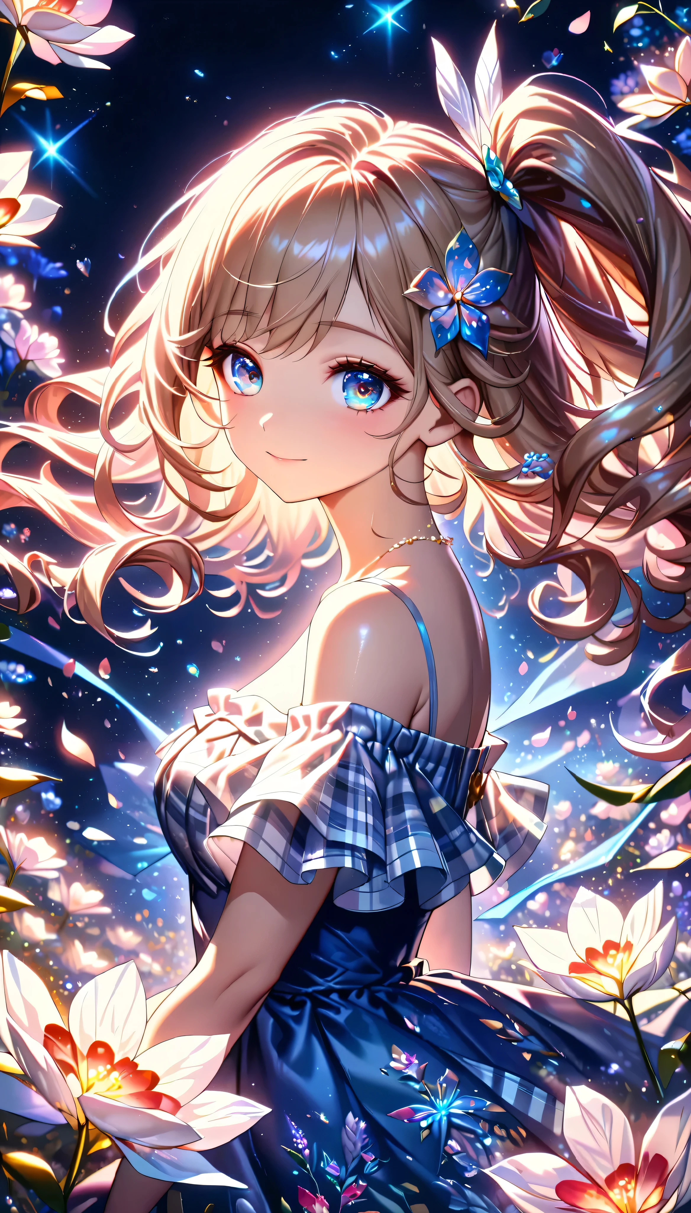 Cute single girl, Curly Hair, SIDE PONYTAIL , Plaid Off-the-Shoulder Dress, hyper detailed beautiful eyes, cowboy shot, Fluffy, ((Particles of light)), shallow depth of field, ( Lots of Fluttering Petals ), (((Fantasically Glowing Flowers ))), ((Superbly detailed, exquisite quality, absolutely resolution)),