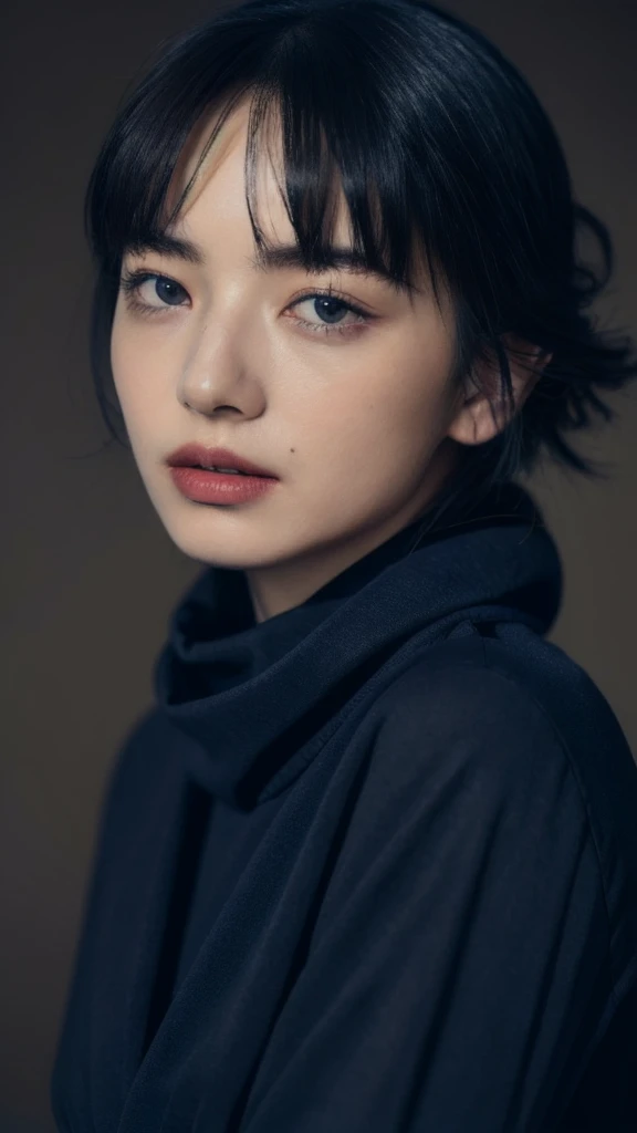 8k,  best quality , Masterpiece,  realistic,  more details, photo  realistic, quality improvement, 
 scarf wrapped in a dark and somber designer style,  in the style of a dark and listless designer, Large chunk, , Calm face,   jagged edges  , navy,  NATURAL BEAUTY ,  close-up shot of Aozora 
