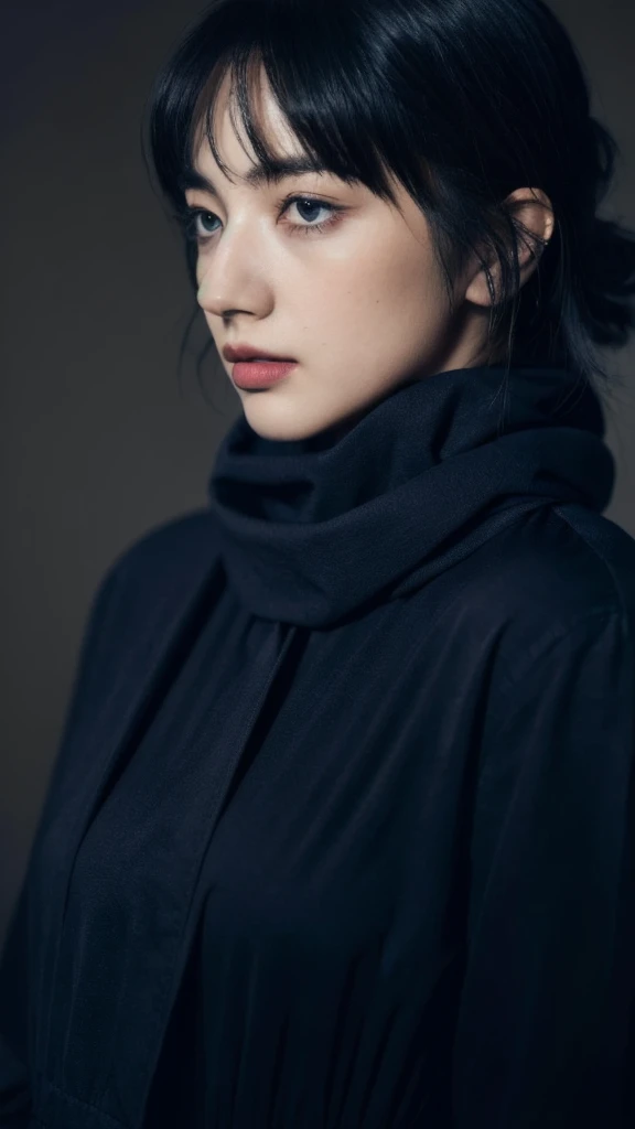 8k,  best quality , Masterpiece,  realistic,  more details, photo  realistic, quality improvement, 
 scarf wrapped in a dark and somber designer style,  in the style of a dark and listless designer, Large chunk, , Calm face,   jagged edges  , navy,  NATURAL BEAUTY ,  close-up shot of Aozora 
