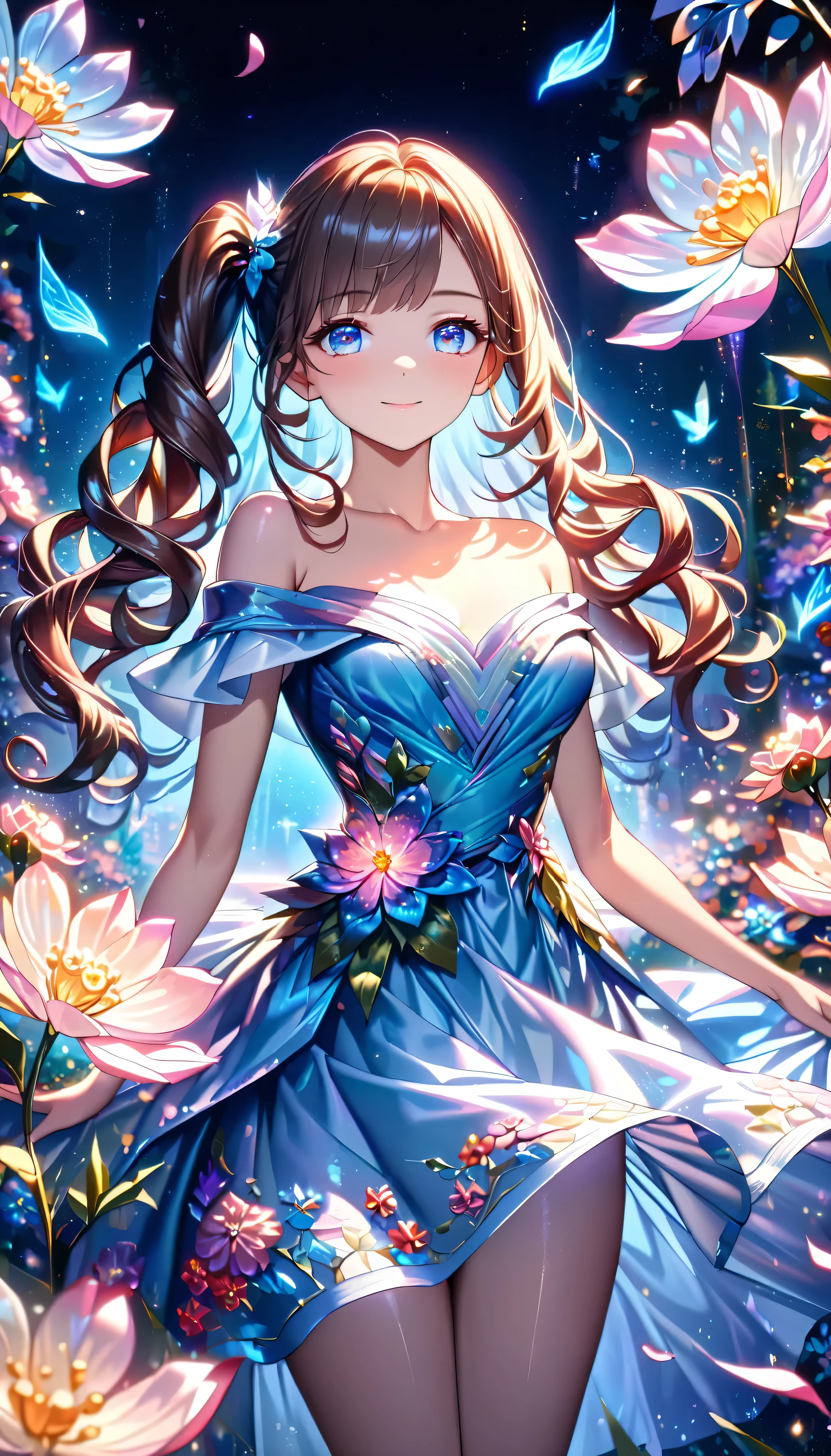 Cute single girl, Curly Hair,  SIDE PONYTAIL ,  Plaid Off-the-Shoulder Dress, hyper detailed beautiful eyes, cowboy shot, Fluffy, asymmetry bangs, ((Particles of light)),  shallow depth of field, ( Lots of Fluttering Petals ), (((Fantasically Glowing Flowers ))), ((Superbly detailed, exquisite quality, absolutely resolution)),