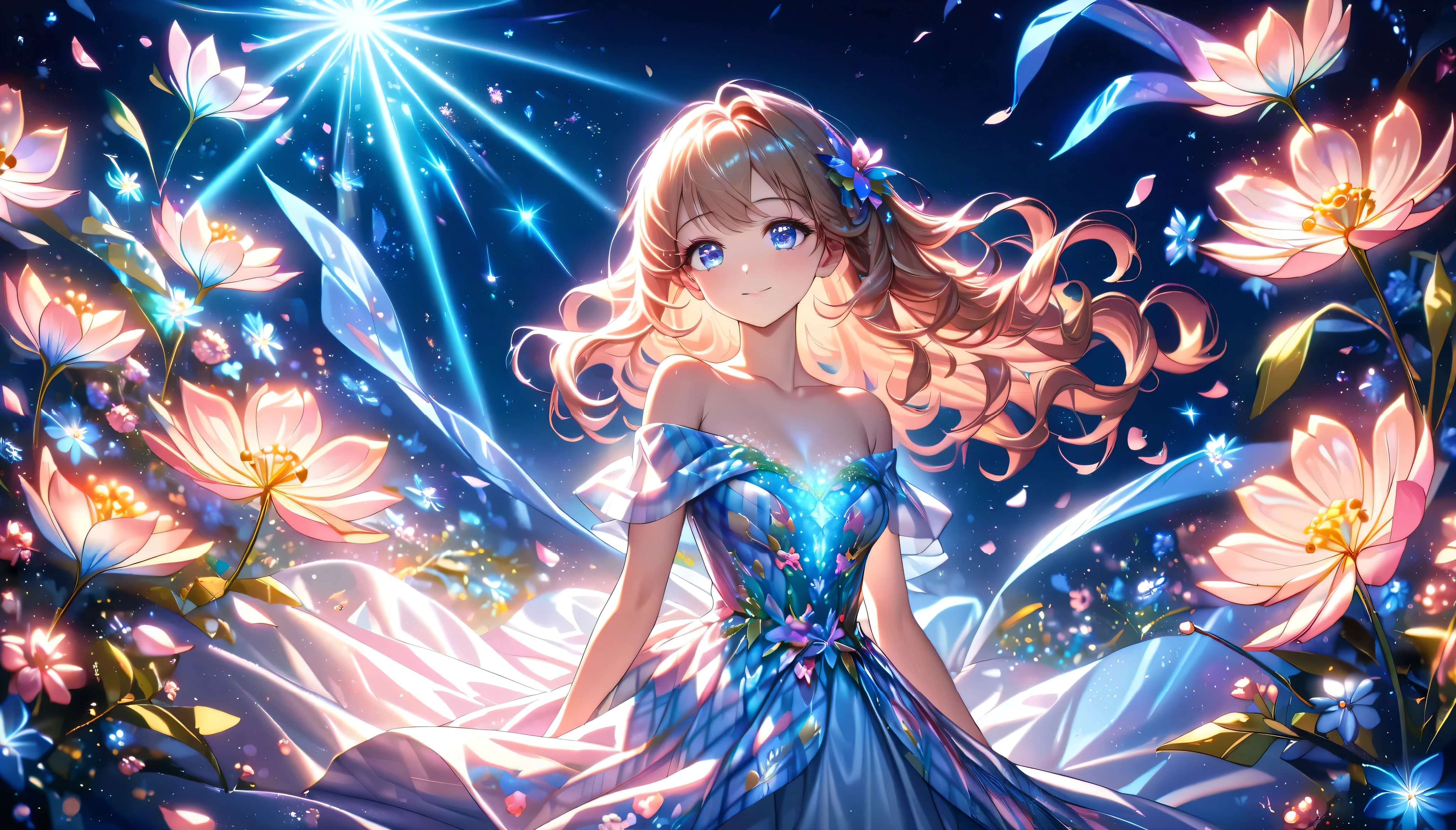 Cute single girl, Curly Hair,  SIDE PONYTAIL ,  Plaid Off-the-Shoulder Dress, hyper detailed beautiful eyes, cowboy shot, Fluffy,  ((Particles of light)),  shallow depth of field, ( Lots of Fluttering Petals ), (((Fantasically Glowing Flowers ))), ((Superbly detailed, exquisite quality, absolutely resolution)),