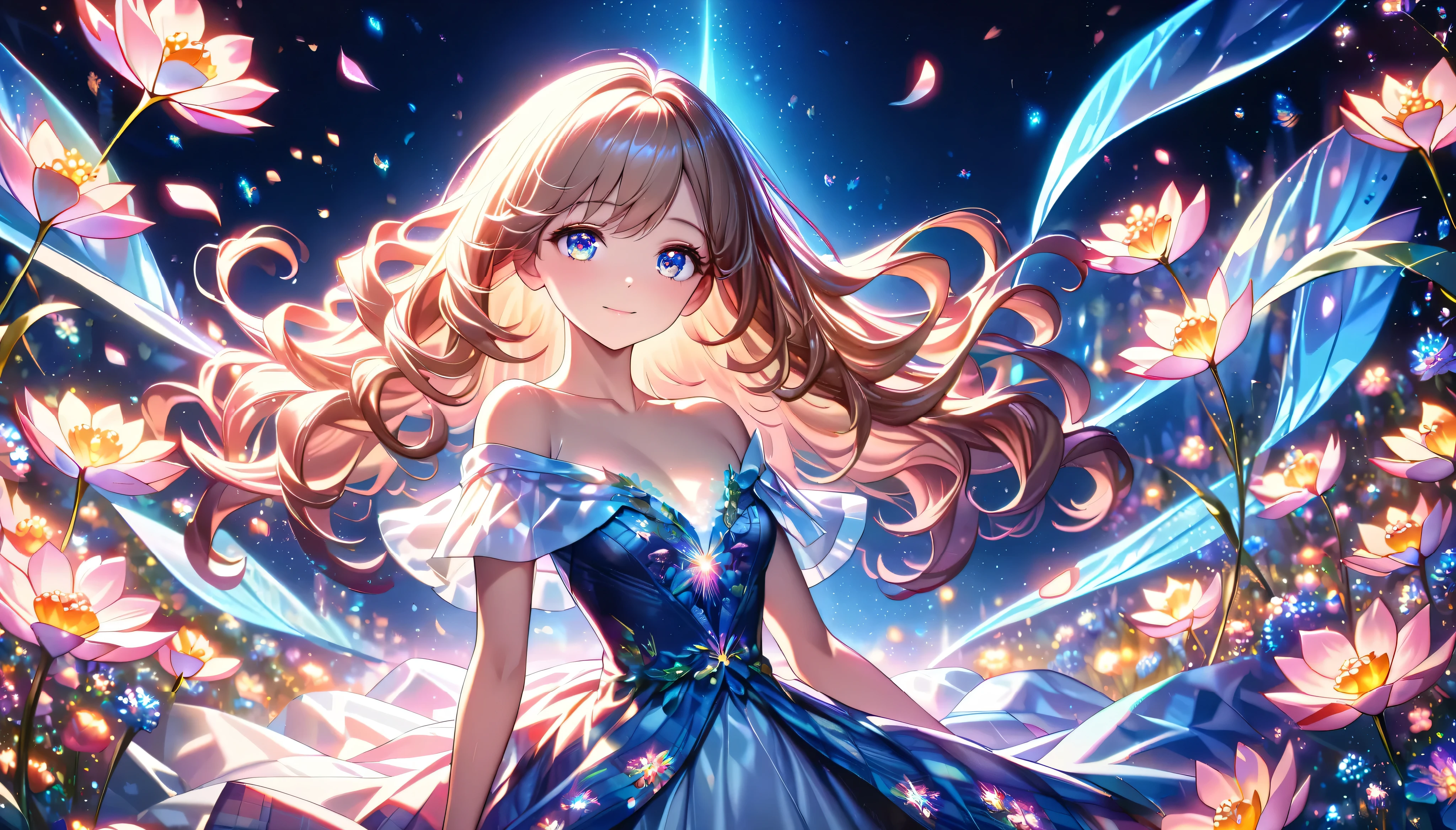 Cute single girl, Curly Hair,  SIDE PONYTAIL ,  Plaid Off-the-Shoulder Dress, hyper detailed beautiful eyes, cowboy shot, Fluffy,  ((Particles of light)),  shallow depth of field, ( Lots of Fluttering Petals ), (((Fantasically Glowing Flowers ))), ((Superbly detailed, exquisite quality, absolutely resolution)),