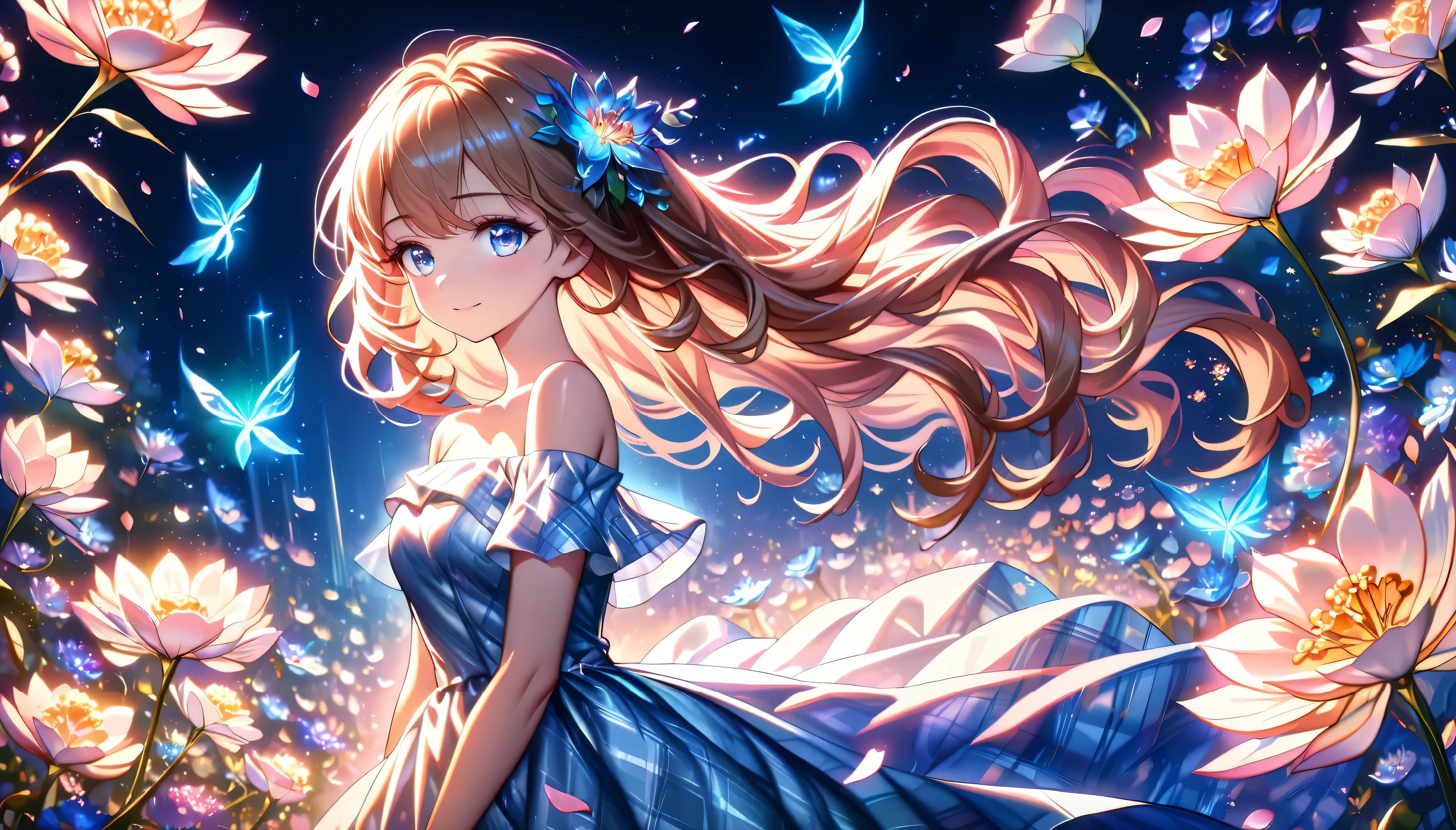 Cute single girl, Curly Hair, SIDE PONYTAIL , Plaid Off-the-Shoulder Dress, hyper detailed beautiful eyes, cowboy shot, Fluffy, ((Particles of light)), shallow depth of field, ( Lots of Fluttering Petals ), (((Fantasically Glowing Flowers ))), ((Superbly detailed, exquisite quality, absolutely resolution)),