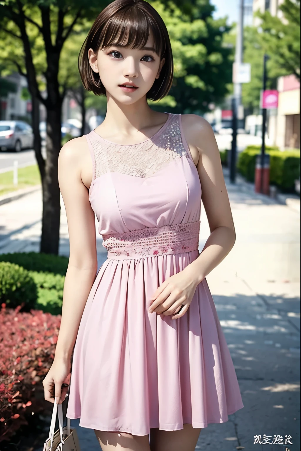 （Chestnut Hair、 short cut hair）、Deep, bright eyes 、（ pink dress）、 white skin so you can fall out 、 an impeccable young lady no matter where you look at it、・・・２２Year-old female college student、