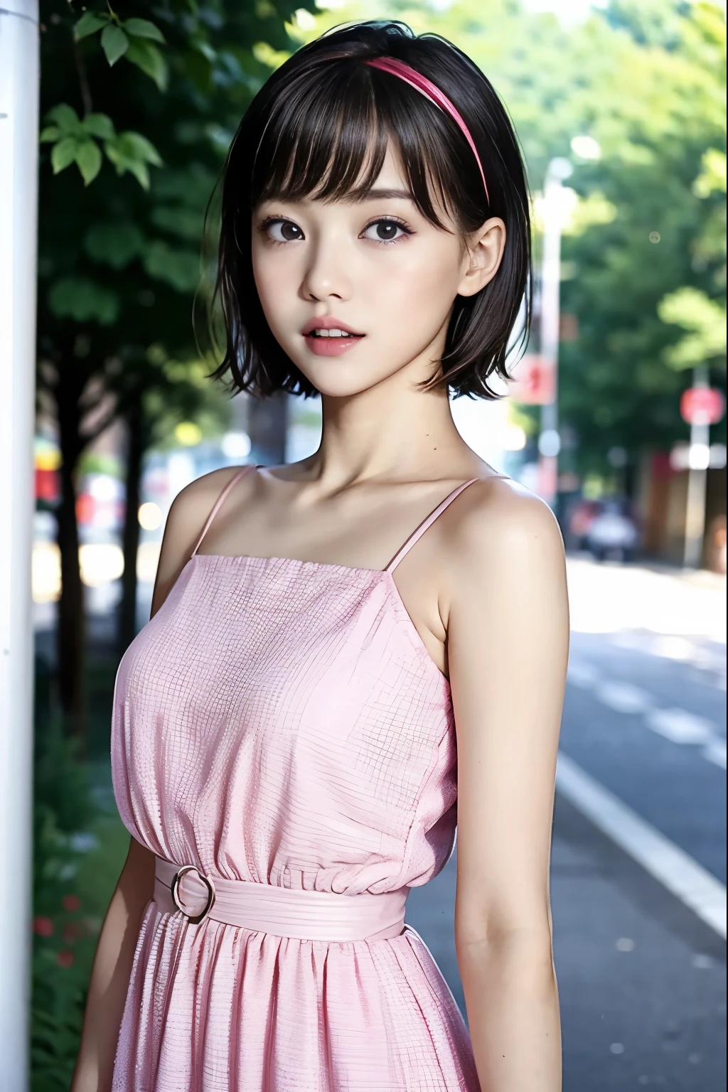 （Chestnut Hair、 short cut hair）、Deep, bright eyes 、（ pink dress）、 white skin so you can fall out 、 an impeccable young lady no matter where you look at it、・・・２２Year-old female college student、