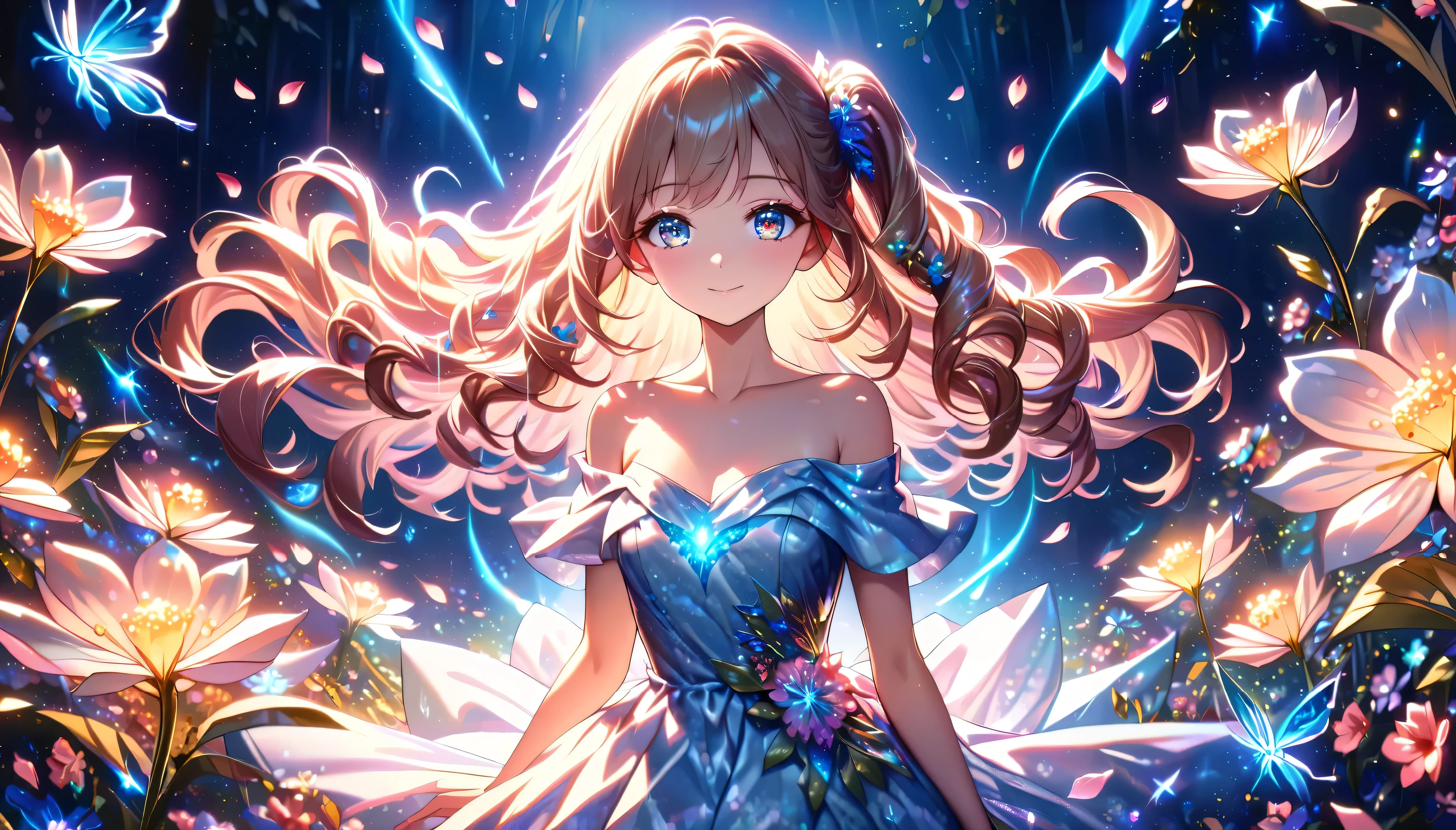 Cute single girl, Curly Hair,  SIDE PONYTAIL ,  Plaid Off-the-Shoulder Dress, hyper detailed beautiful eyes, cowboy shot, Fluffy,  ((Particles of light)),  shallow depth of field, ( Lots of Fluttering Petals ), (((Fantasically Glowing Flowers ))), ((Superbly detailed, exquisite quality, absolutely resolution)),