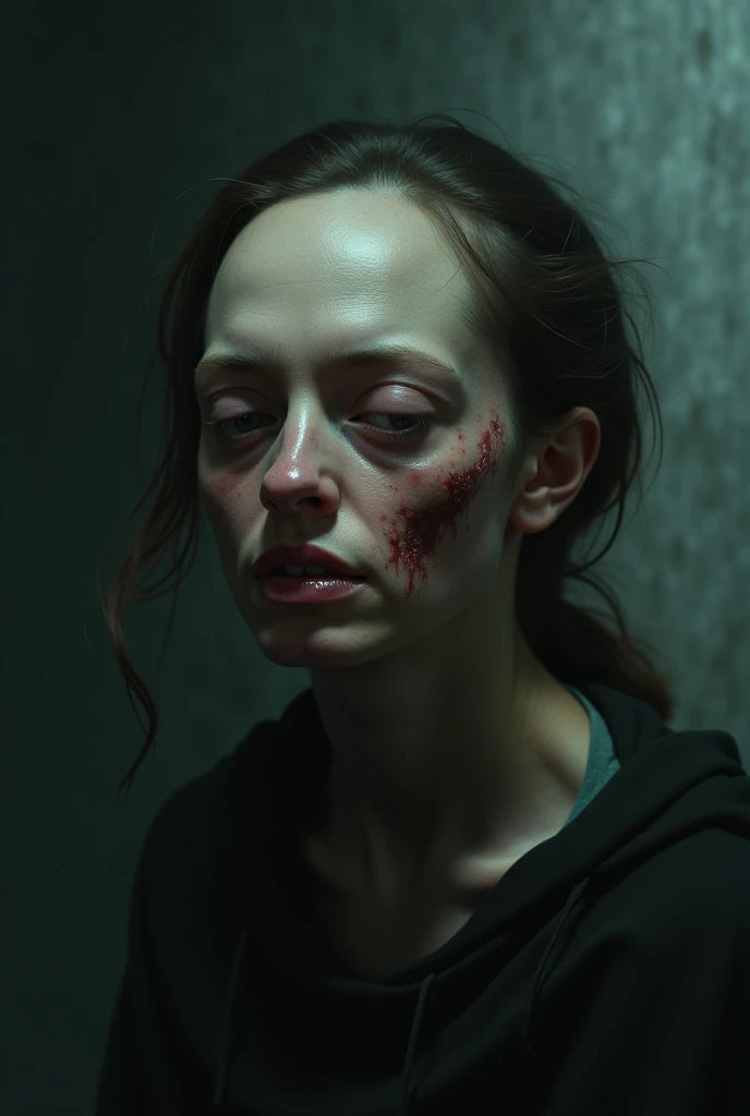 "Create an image of a very beautiful, thin woman from the neck up. She has striking red hair and an expression that reflects severe mental instability. Her eyes are wide and wild, and her smile is unsettling, conveying a sense of madness. The background is dark and chaotic, adding to the overall sense of mental turmoil and instability. The atmosphere is both alluring and eerie, highlighting the woman's intense and unstable nature."