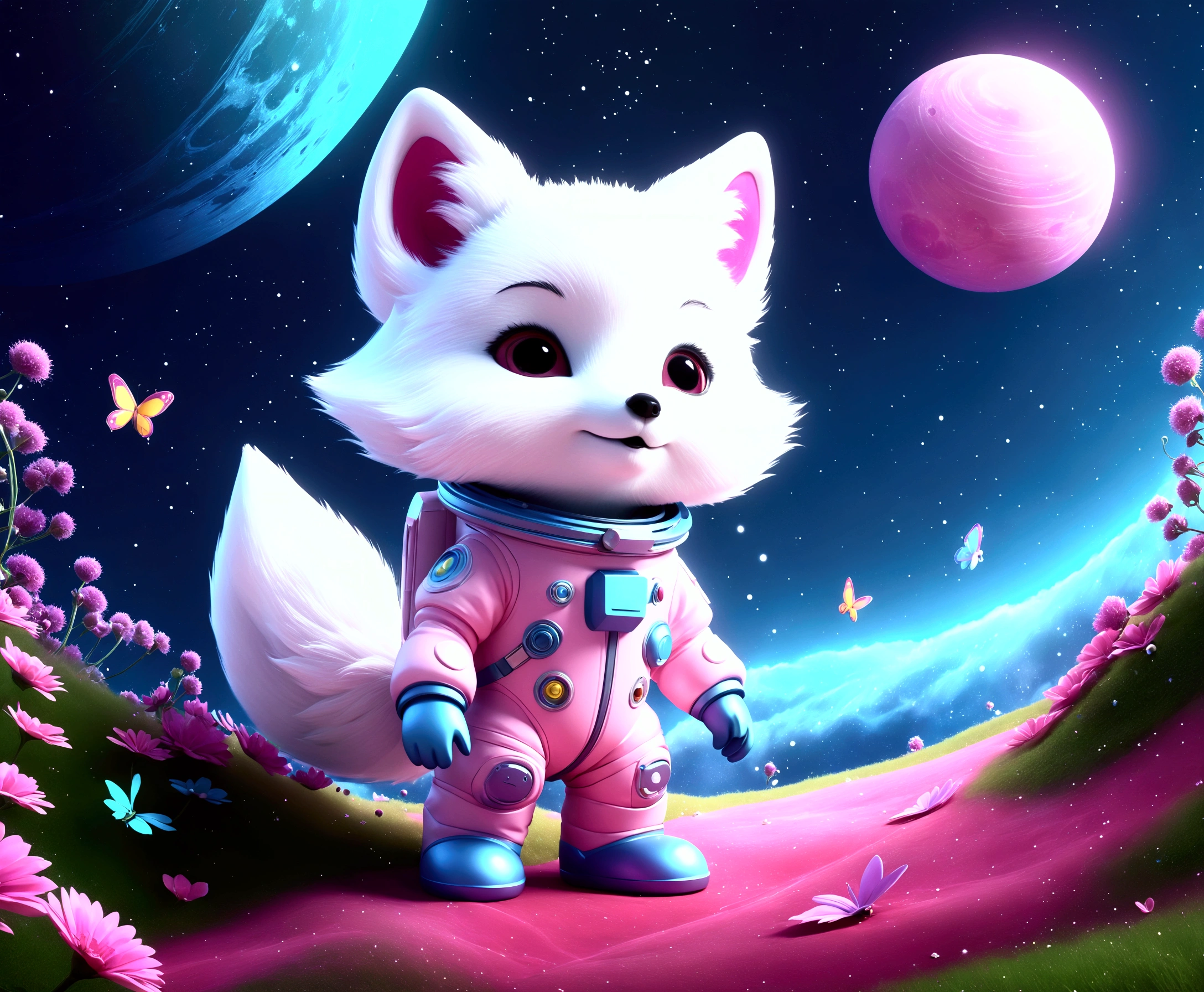 Cute Animals page, A White Fox in a pink spacesuit, without halmet, cute an adorable, 3D rendering, detailed digital art, 8k, high res, ultra high details, cute cartoon characters, render stylized, character cute art rendering, HDR, motley green and blue space_backround, Saturn, Moon, fading out softly, colorful flowers and butterflies, (bright colors)
