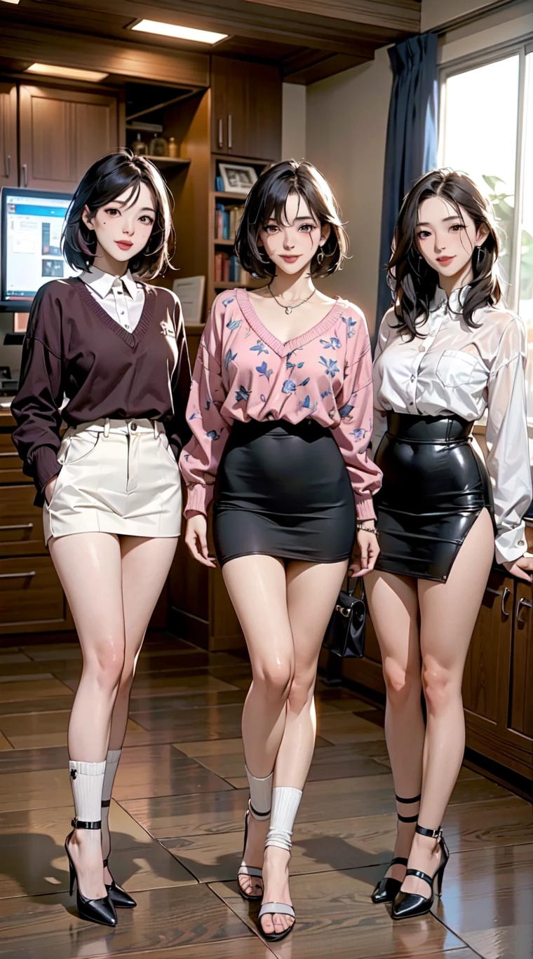 Highest quality,Soft Light,Ultra-high resolution, (Realistic:1.4), RAW Photos,Three Japanese girls,cute, (smile:0.5), (Brown eyes, light in your eyes), Beautiful face in every detail,(High resolution detail of human skin texture), Standing posture,Sweaty body,(masterpiece:1.2, Highest quality),Amazing skirt lift, Separately々Sexy lace panties are visible,Different skirts,Sexy knit sweaters, each different,
