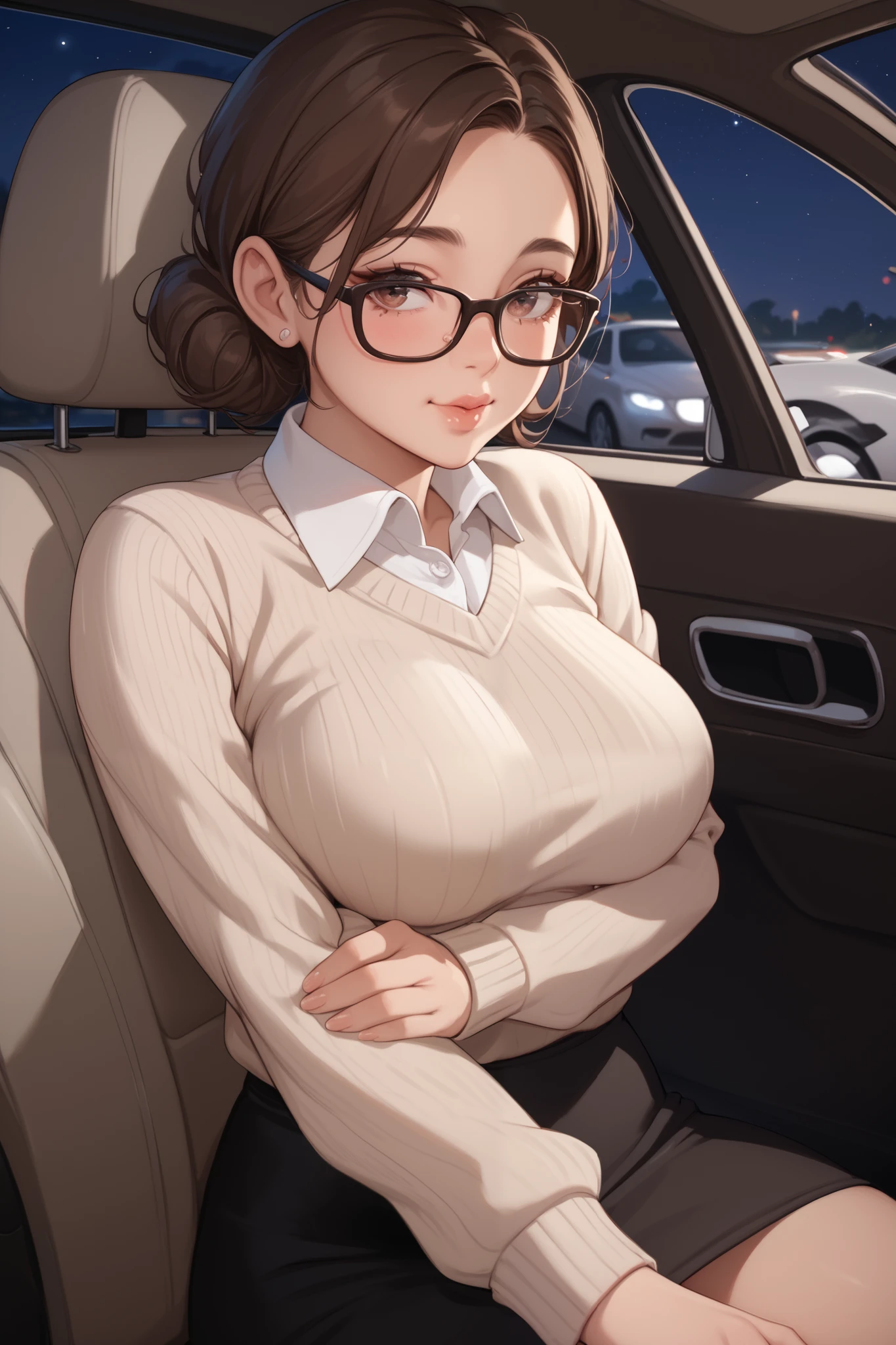 1 girl, short dark brown hair, voluptuous, medium breasts, beige sweater, white dress shirt, black skirt, black frame glasses, puts face, flushed cheeks, car interior, night