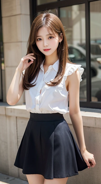 (Highest quality, masterpiece:1.2), Highest quality, High resolution, 8K, 日本の可愛いお嬢様のような高貴で知的なFemale Idolsが催眠術をかけられてクスクス笑っている, so sweet, Very noble, 可愛くてきれいな日本のFemale Idols, ((((24-years-old, Female Idols)))), Shiny唇, ((Very beautiful smiling brown droopy eyes)), (Very large, Shiny, The wide yellow ribbon bow tie on her chest is very cute.)., ((Very detailed and beautiful long straight hair)), (((Pink sleeveless blouse))), (Neat sleeveless blouse uniform), Very shiny, Shiny唇, Open hand over open mouth, Beautiful hair like a hair model, ((Red checked pleated mini skirt)), Watch and laugh at your audience, ((Beautiful skin and face)), ((Pure, clear, gentle smiling eyes)), Long eyelashes, ((Smile at me)), Shiny肌, ((Noble and elegant)), ((Look directly at the viewer)), Perfect Anatomy