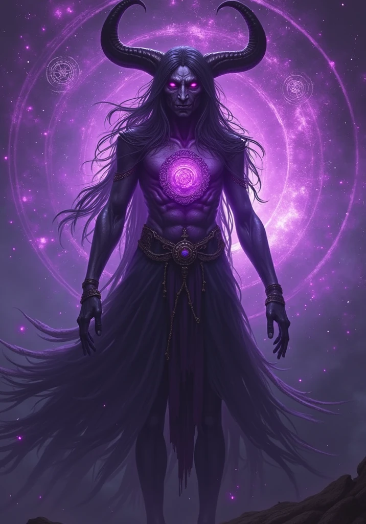 Create a highly detailed and atmospheric digital painting of a cosmic dark entity meditating in a lotus position on the surface of a barren planet. The entity has a shadowy, featureless face and a muscular humanoid body covered in dark organic tendrils that appear to flow and twist around it.. A bright red crystal is embedded in his chest, pulsating with dark energy. Above the head of the entity, A spinning purple and black cosmic vortex with a glowing mystical orb at its center radiates power, Shedding an ethereal light. The background features a vast star-filled galaxy with purple nebulas and distant cosmic phenomena., creating a sense of infinite space and power. The lighting is dark and sinister, and the main sources of light are the glowing red crystal and the mystical orb. The overall color palette is dominated by deep purples., black and touches of red, evoking a sense of cosmic mystery and power.