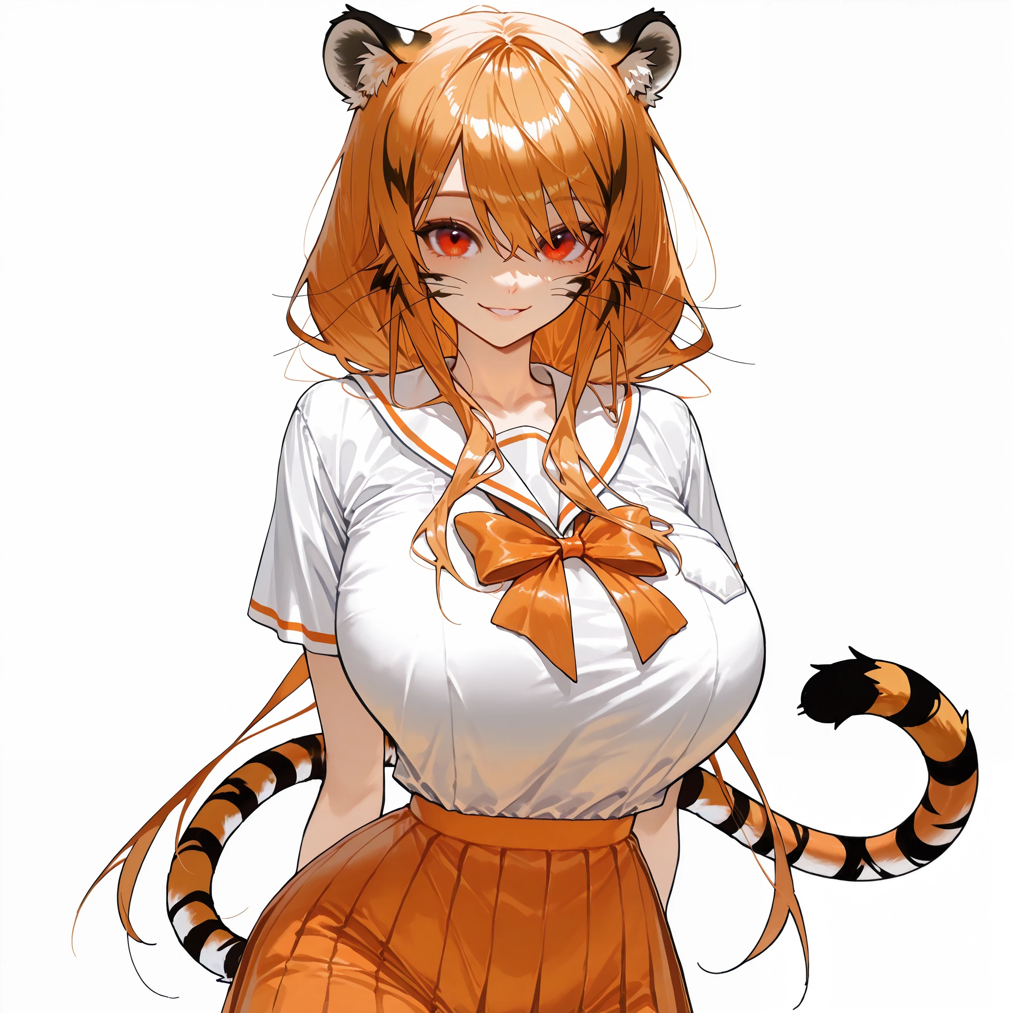 (Masterpiece, plain background) 1solo Roxanne tiger print mask, animal tiger outfit, leather collar choker neck bell, cleavage, large breasts, looking at viewer, navel, neck bell 🔔 (paw gloves like hands= paws on hands, paws on hips, tiger tail, tiger fluffy ears)