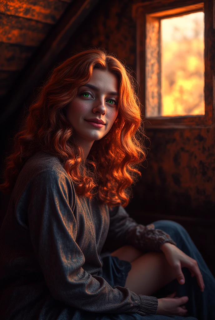 A professional photographic shot of a stunning woman with slightly wavy long ginger hair, her vibrant green eyes sparkling as they catch the light reflection. She is sitting gracefully in an attic, with sunshine filtering through a single square window. The soft golden light casts a warm glow on her face, creating a subtle backlighting effect. Her head is slightly tilted, offering a gentle smile to the viewer. The scene is enhanced by a pastel bokeh effect, with a beautiful depth of field that blurs the background, showcasing subsurface light scattering in her skin. The overall atmosphere feels soft, with dark ambient shadows surrounding the cozy, sunlit space.