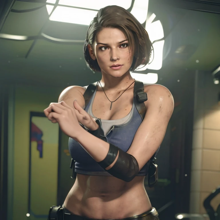 1girl, Solo, High Resolution, Masterpiece, Anatomically Correct, Best Quality, Super Detailed, Textured Skin, Large breasts, Image Fill, Cinematic Lighting, Ray Tracing, Unreal Engine, Jill Valentine (Resident Evil), Short Hair, Dark Brown Hair, Light Brown Eyes, Bikini Armor