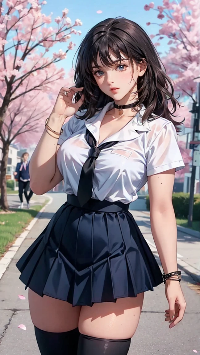 (realistic:1.5), photorealistic, octane render, (4k, 8k), (hyperrealistic:1.2), (photorealistic face:1.2), (Best Quality), extremely detailed, intricate, hyper detailed, (eyes detailed, finger detailed:1.2), looking at viewer, (short hair, curly hair, dense bangs, black hair), (outdoors, cherry blossom trees, korean school uniform:1.3), (1girl, solo, alone, large breasts, large thighs, 2legs, walking, tie up hair:1.4), (brown eyes:1.2), smile