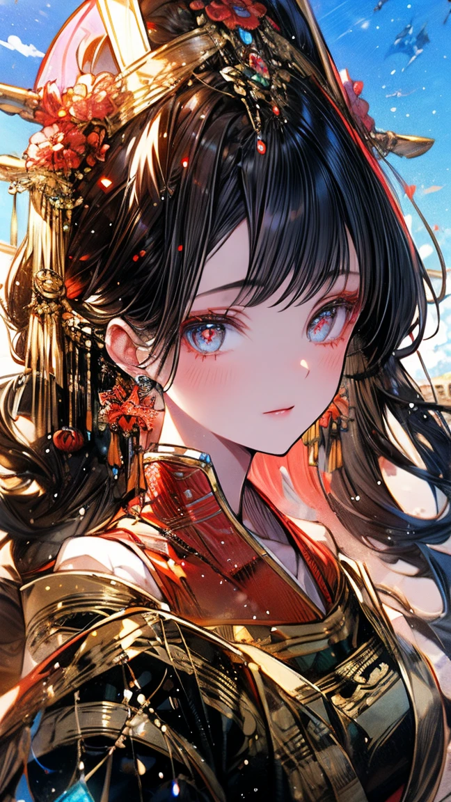 fantasy world， An Ancient Chinese Girl ， long hair, Bangs, crystal earrings，Exquisite Cheeks ， Bright Eyes ， Look up at the sky， Wearing an Ancient Chinese Dress，