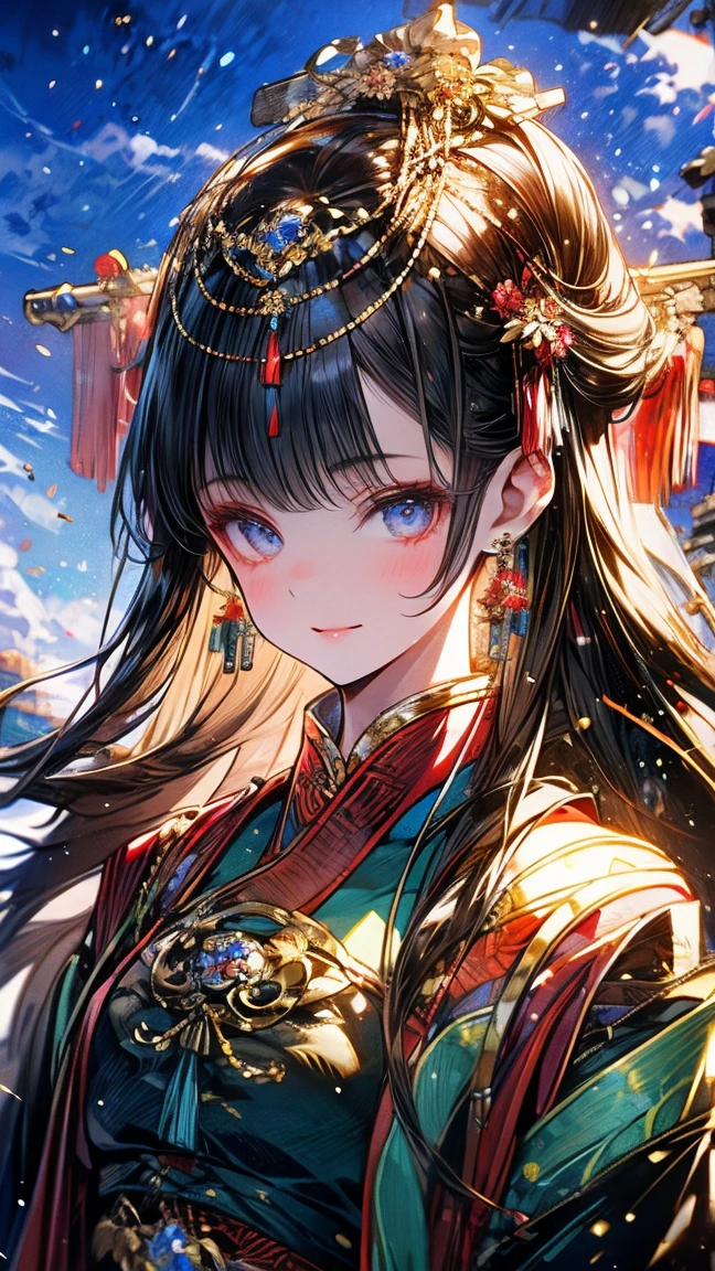 fantasy world， An Ancient Chinese Girl ， long hair, Bangs, crystal earrings，Exquisite Cheeks ， Bright Eyes ， Look up at the sky， Wearing an Ancient Chinese Dress，