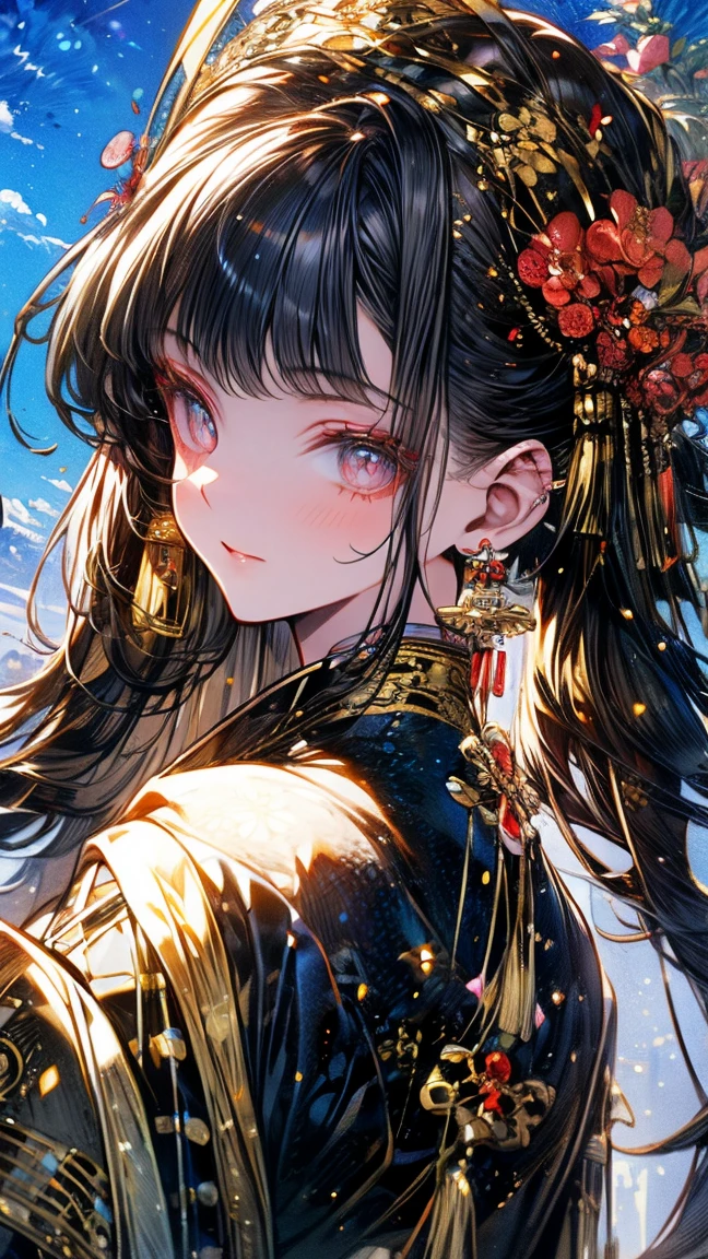 fantasy world， An Ancient Chinese Girl ， long hair, Bangs, crystal earrings，Exquisite Cheeks ， Bright Eyes ， Look up at the sky， Wearing an Ancient Chinese Dress，