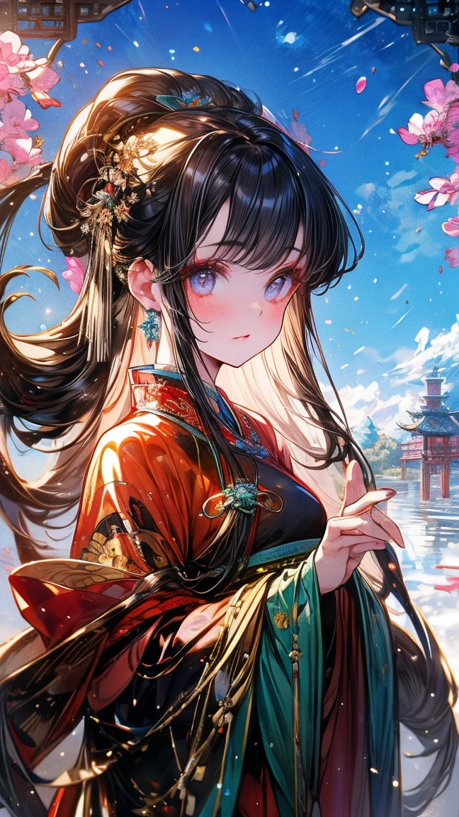 fantasy world， An Ancient Chinese Girl ， long hair, Bangs, crystal earrings，Exquisite Cheeks ， Bright Eyes ， Look up at the sky， Wearing an Ancient Chinese Dress，