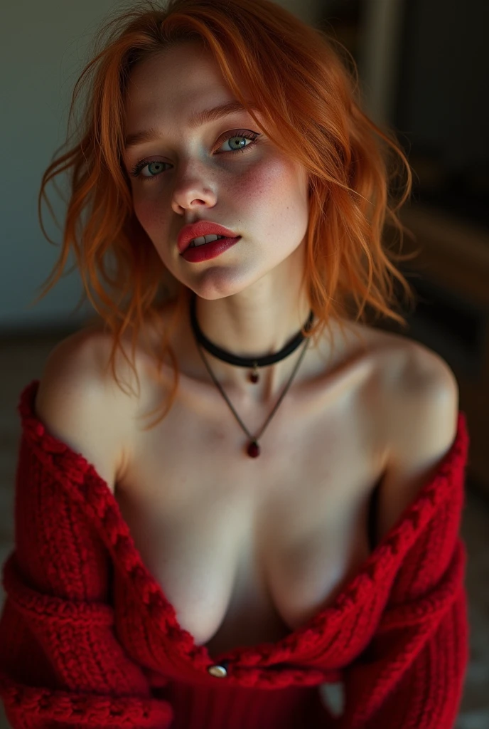 photograph of a naked  girl, (pale white skin), (red hair), (highly detailed face:1.4) (seductive) (((eyeliner))) (background inside dark, moody, private study:1.3) POV, by lee jeffries, nikon d850, film stock photograph ,4 kodak portra 400 ,camera f1.6 lens ,rich colors ,hyper realistic ,lifelike texture, dramatic lighting , cinestill 800,