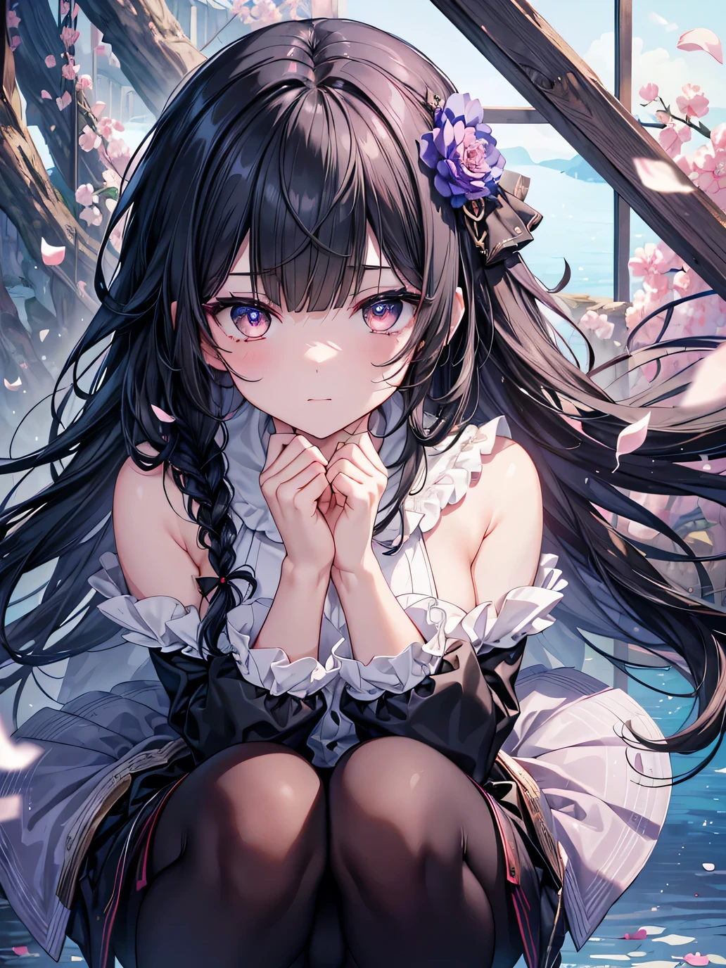 (masterpiece),(top-quality),(ultra-detailliert),hight resolution,in 8K animation,1girl,black hair,single braid,(round eyes),blunt bangs,[violet eyes:(gold eyes):0.55],squatting, floating Petals, lake, dreamcore,(beautifull detailed face),(beatiful detailed eyes