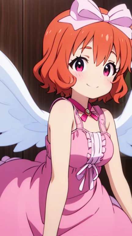 15 year old angel girl, redhead, hair in a medium ponytail, red strapless sleeveless mini dress, very short skirt, pink boots, pink wings