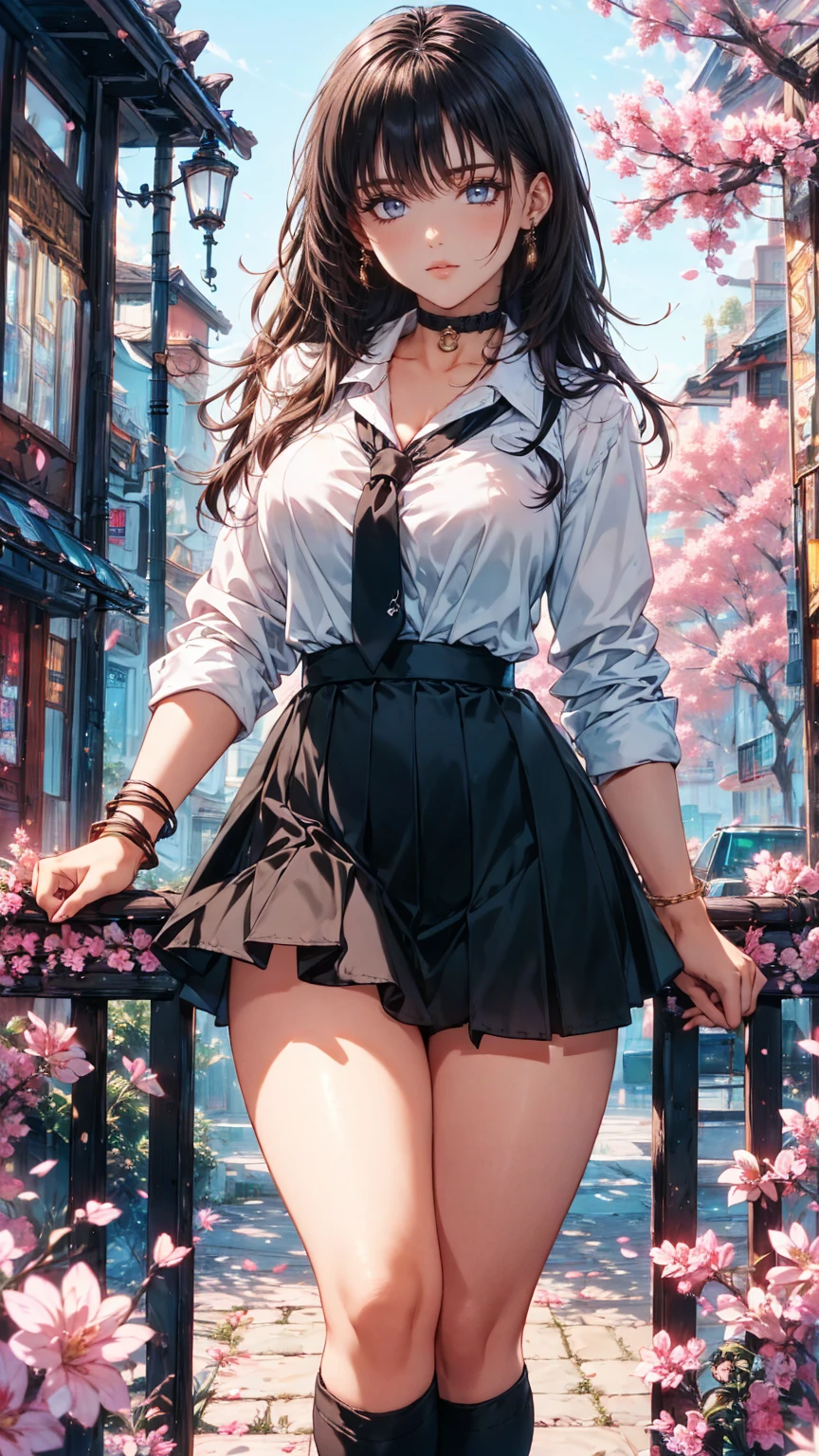 Masterpiece,  best quality , whole body, 1 person, bangs, black  choker , black  ties,  blondes, blue  skirt , ,  bracelet, Chest,  choker , clothes Surrounding Area waist, clavicle, collared  shirt,  cowboy shooting, dress  shirt, ear Earrings,  The eyebrows visible through the hair ,  gradation hair , Green,  that improves white space ,  jewelry, Kogal,  long hair, View your viewers, loose  ties,  ties, Earrings,  check pattern ,  check pattern   skirt , pleated  skirt ,  red eyes, ring,  school uniform,  shirt,  skirt , smile, Alone, white  shirt, street, null,  cherry blossom, petal, woman,  vibrant,  costume, stop temporarily, Front ,  colorful , dynamic, background, element, Be confident,  performance,  holding,  statement ,  accessories, Majestic, Swirl, Surrounding Area, touch, , to attract attention, Impressive, 【Contemporary,  trendy fashion ,Shadowy Face　、 Beautiful Girls、とても cute天使、Pink T- shirt、 cute、*********、smile、ロング skirt 、 Black Long Boots 、.( best quality ,4K, high definition,Masterpiece:1.2), very detailed, realistic:1.37,
