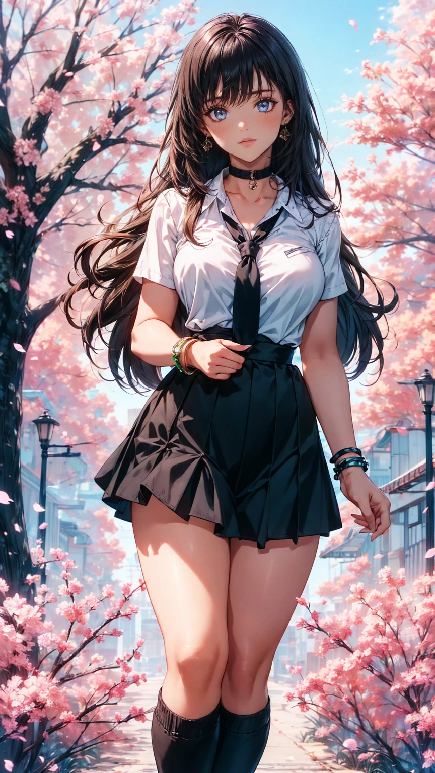 Masterpiece,  best quality , whole body, 1 person, bangs, black  choker , black  ties,  blondes, blue  skirt , ,  bracelet, Chest,  choker , clothes Surrounding Area waist, clavicle, collared  shirt,  cowboy shooting, dress  shirt, ear Earrings,  The eyebrows visible through the hair ,  gradation hair , Green,  that improves white space ,  jewelry, Kogal,  long hair, View your viewers, loose  ties,  ties, Earrings,  check pattern ,  check pattern   skirt , pleated  skirt ,  red eyes, ring,  school uniform,  shirt,  skirt , smile, Alone, white  shirt, street, null,  cherry blossom, petal, woman,  vibrant,  costume, stop temporarily, Front ,  colorful , dynamic, background, element, Be confident,  performance,  holding,  statement ,  accessories, Majestic, Swirl, Surrounding Area, touch, , to attract attention, Impressive, 【Contemporary,  trendy fashion ,Shadowy Face　、 Beautiful Girls、とても cute天使、Pink T- shirt、 cute、*********、smile、ロング skirt 、 Black Long Boots 、.( best quality ,4K, high definition,Masterpiece:1.2), very detailed, realistic:1.37,
