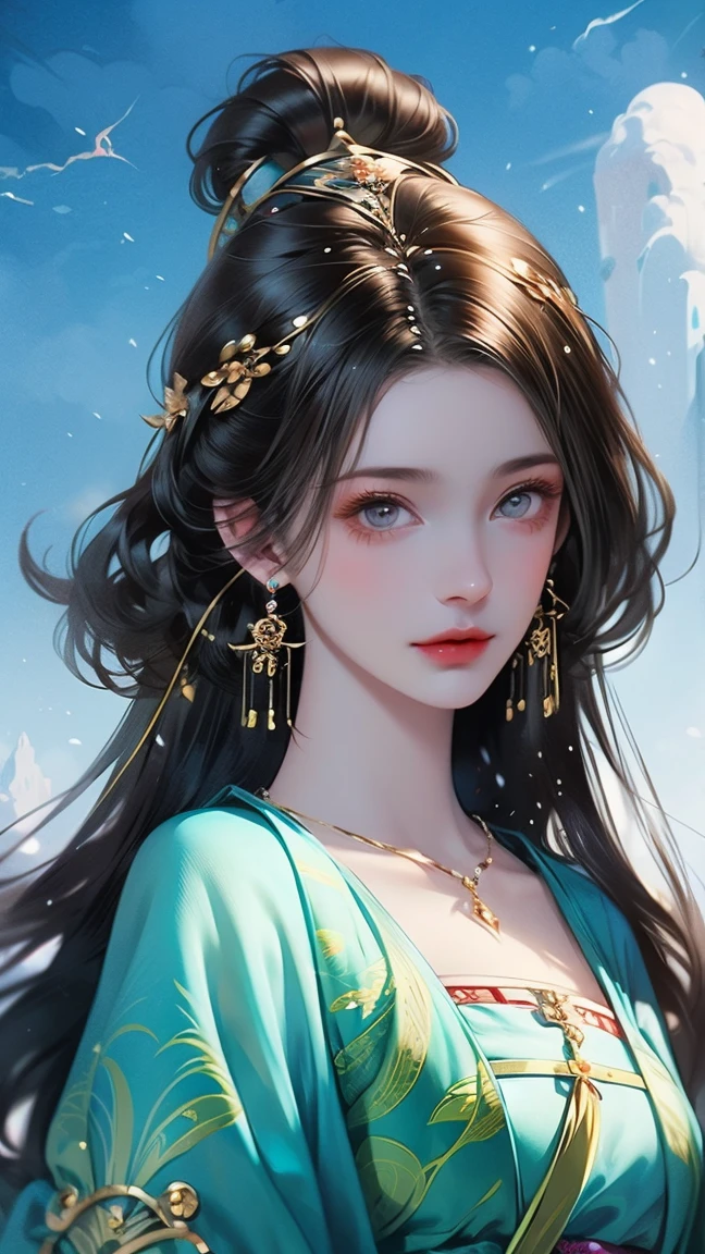 fantasy world， An Ancient Chinese Girl ， long hair, Bangs, crystal earrings，Exquisite Cheeks ， Bright Eyes ， Look up at the sky， Wearing an Ancient Chinese Dress，