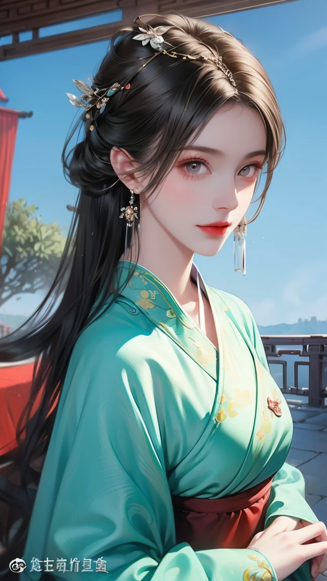 fantasy world， An Ancient Chinese Girl ， long hair, Bangs, crystal earrings，Exquisite Cheeks ， Bright Eyes ， Look up at the sky， Wearing an Ancient Chinese Dress，