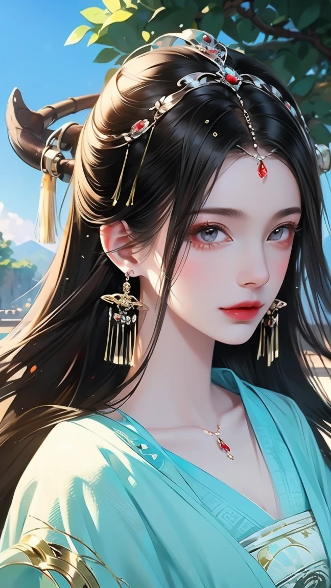 fantasy world， An Ancient Chinese Girl ， long hair, Bangs, crystal earrings，Exquisite Cheeks ， Bright Eyes ， Look up at the sky， Wearing an Ancient Chinese Dress，