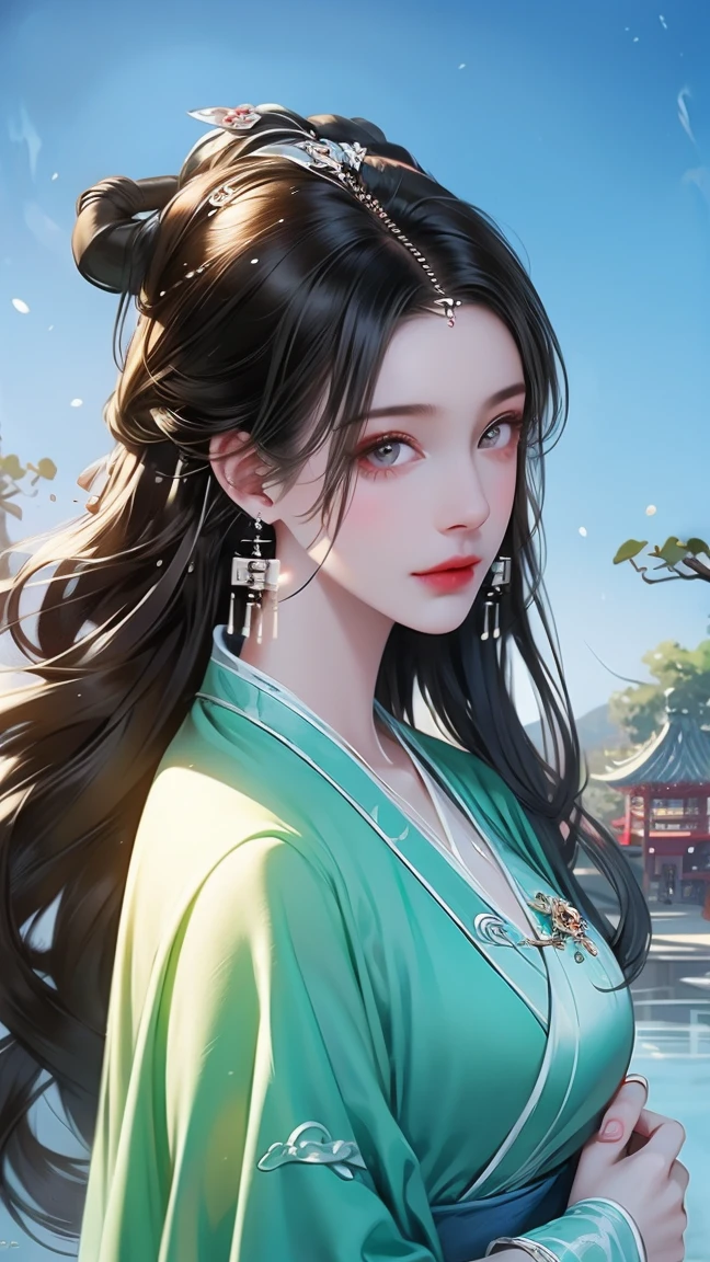 fantasy world， An Ancient Chinese Girl ， long hair, Bangs, crystal earrings，Exquisite Cheeks ， Bright Eyes ， Look up at the sky， Wearing an Ancient Chinese Dress，