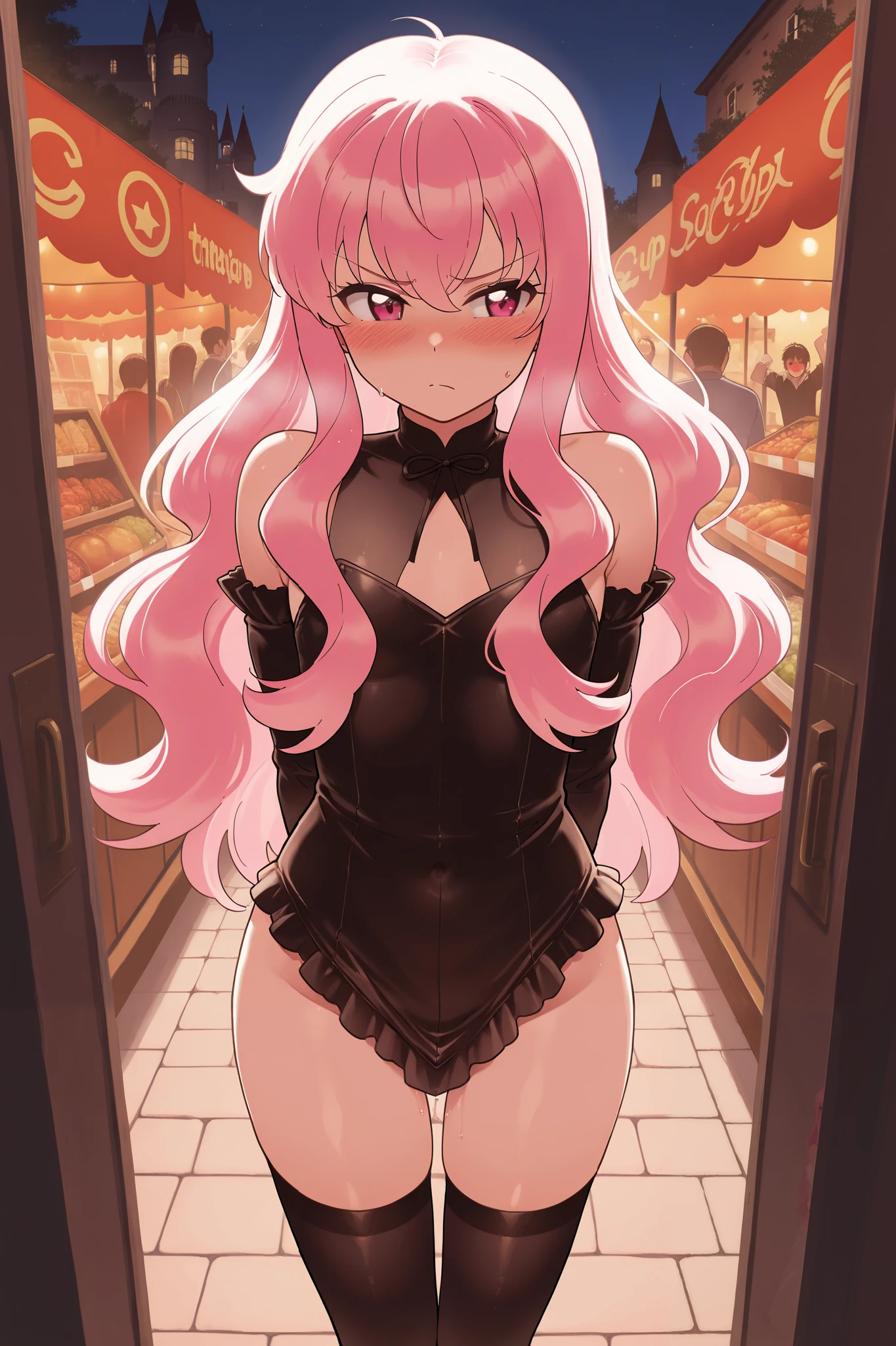 ((Highest quality)), ((masterpiece)), (detailed), Off the shoulder、Beautiful solo woman、Ornament on the head、Grin、{Hitchhiking、whole body、Standing posture}、Very large breasts、{{{{Pink nipple covers、High leg leotard、Showy cosplay、Shiny black stockings、High heels}}}}、Best Quality
