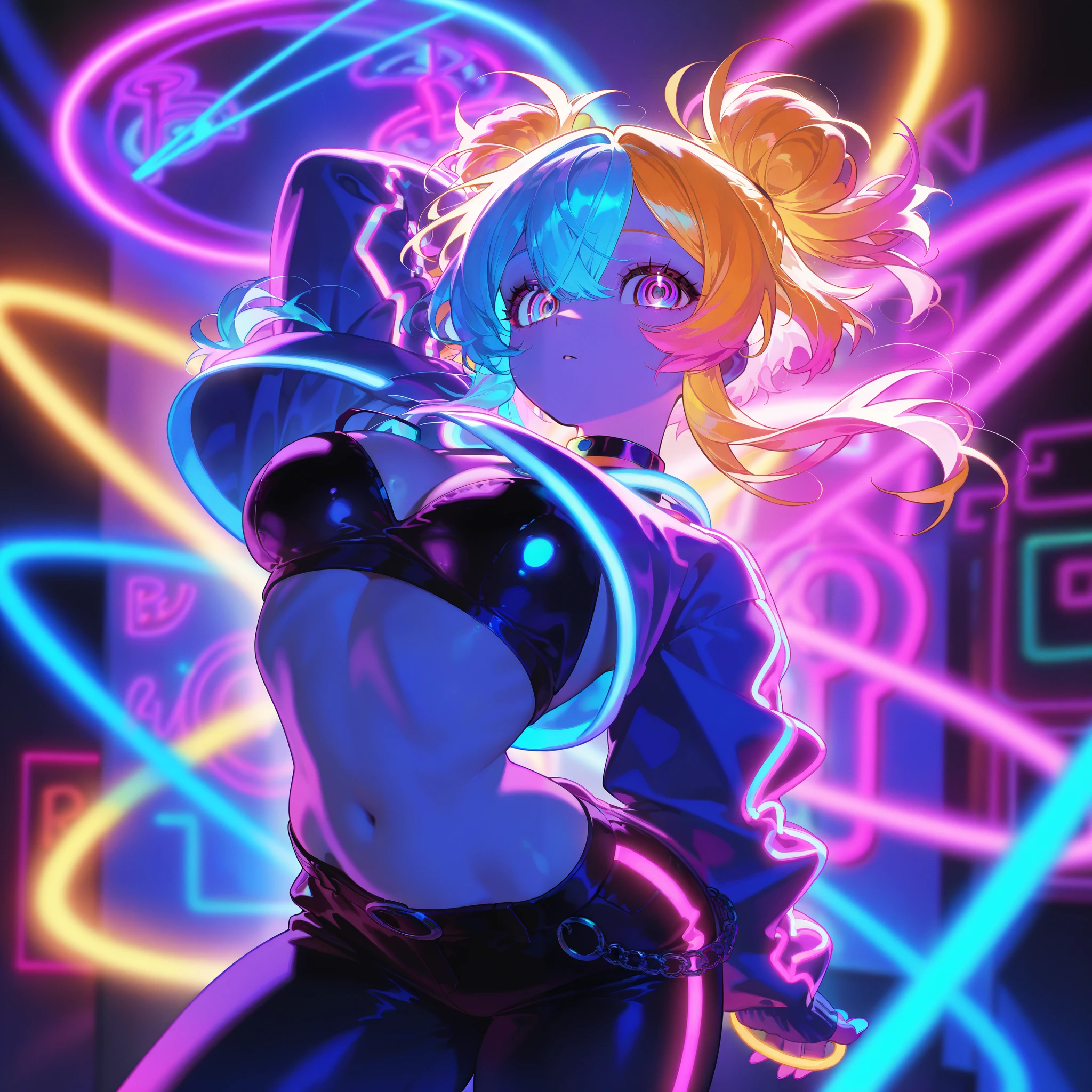 Beautiful latina at the Alpha Arcade, trippy neon lights